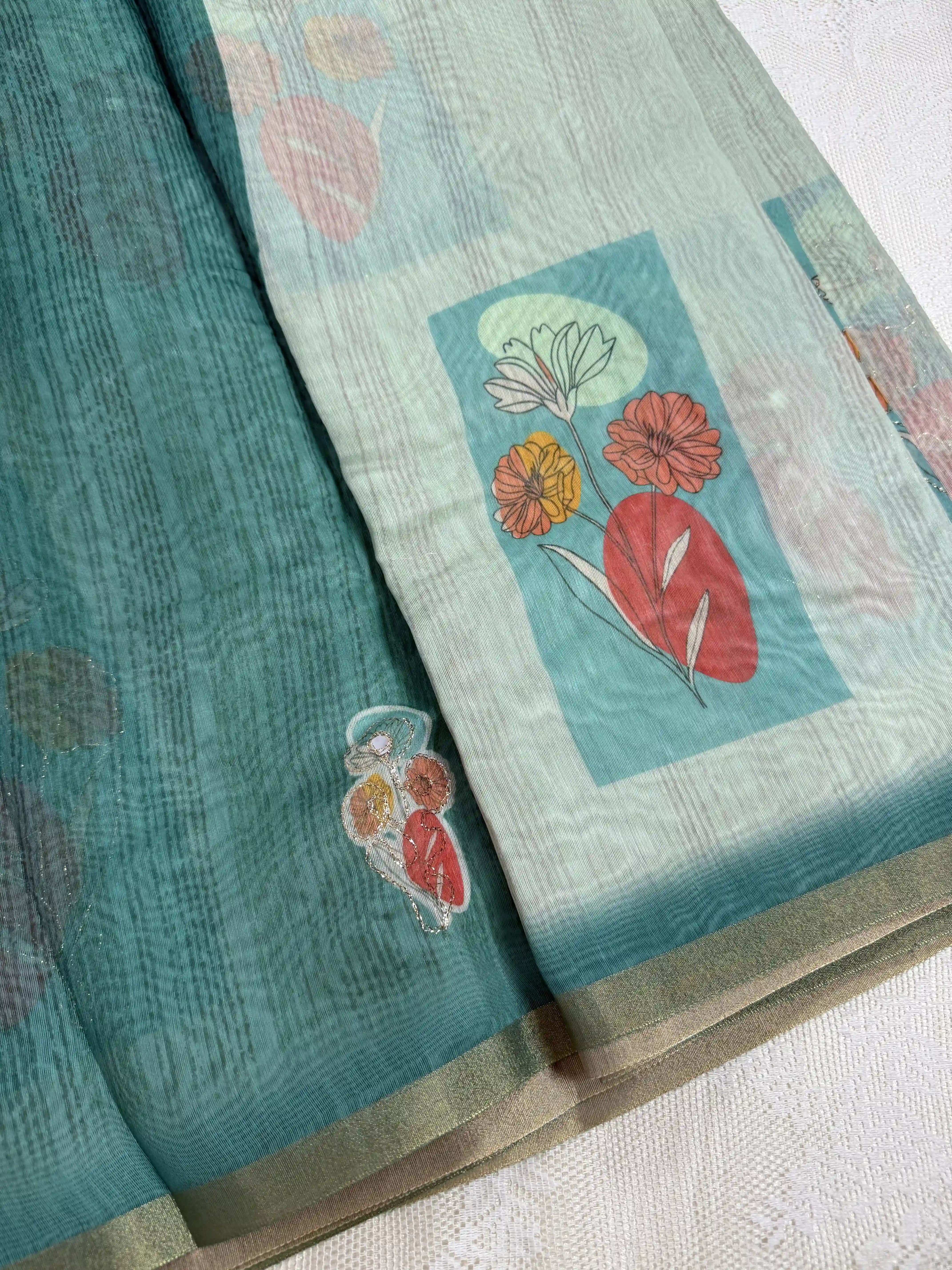 Candy Green Silk Cotton Saree with Printed Floral Motifs Bordered with Sequence Zari work and Mirror Work