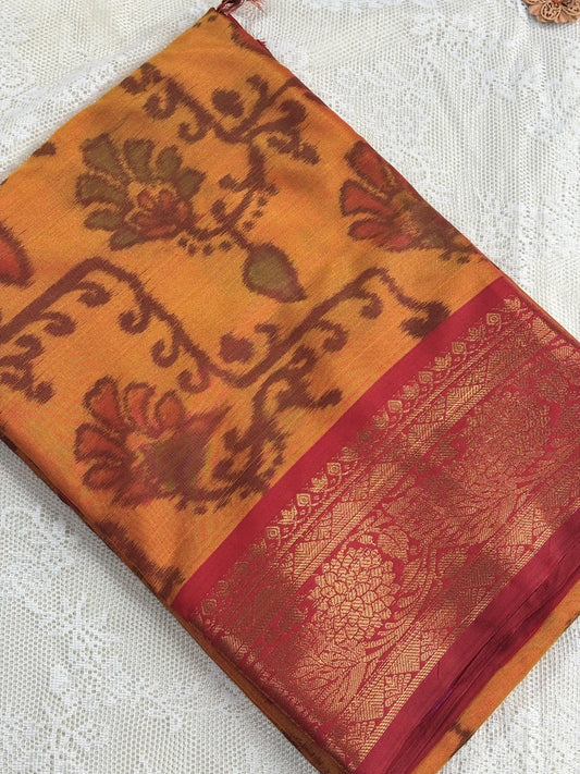 Orange Floral Print - Pochampalli Soft Silk Saree