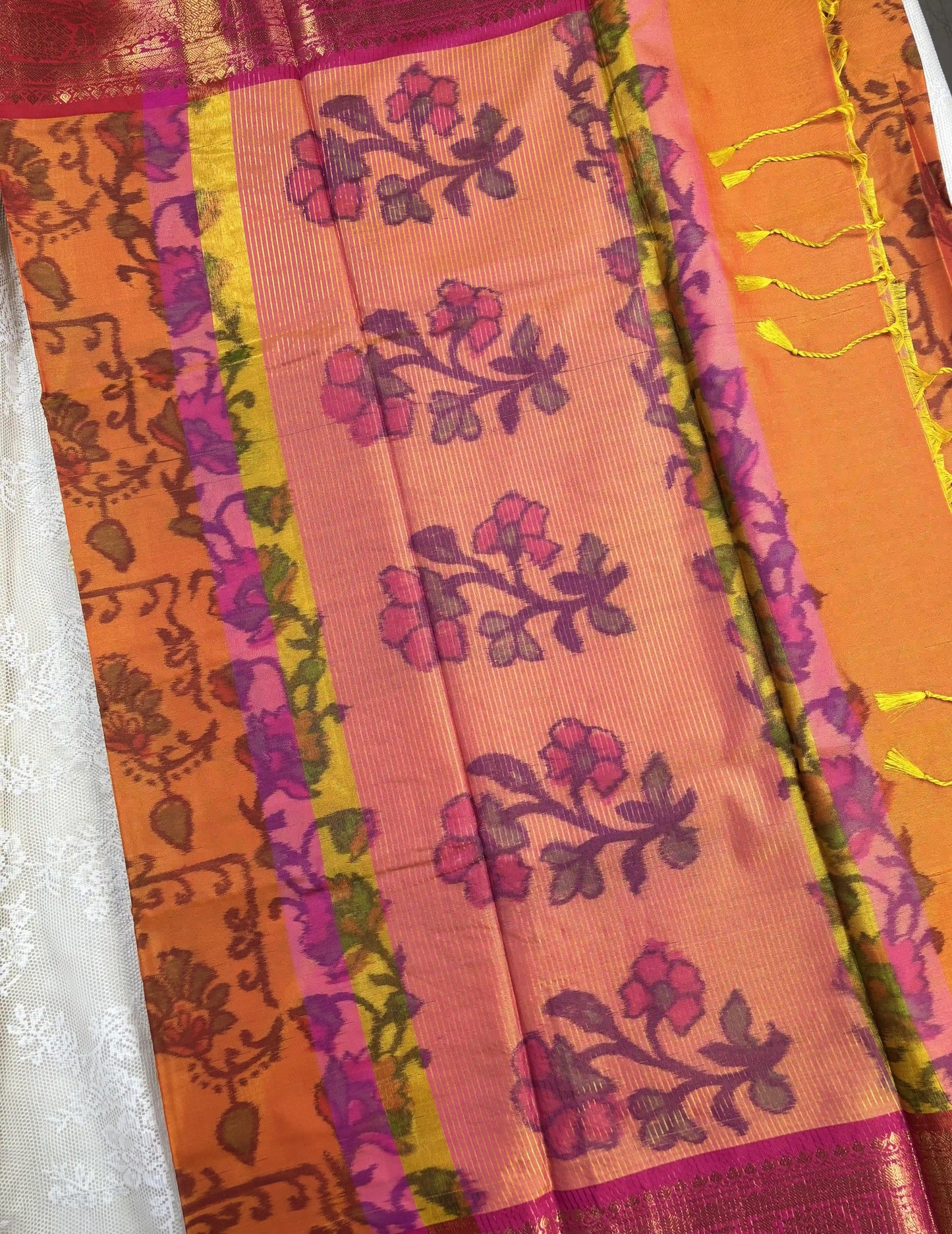 Orange Floral Print - Pochampalli Soft Silk Saree