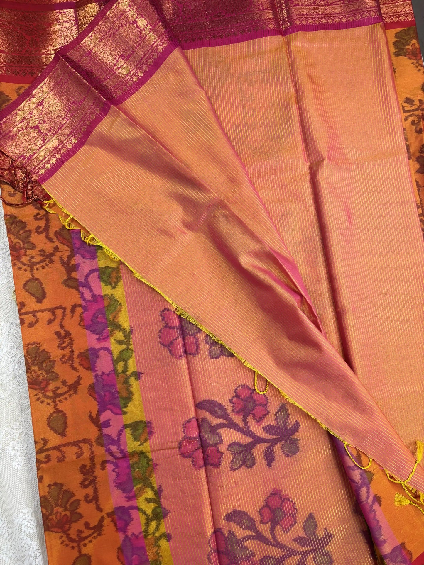 Orange Floral Print - Pochampalli Soft Silk Saree