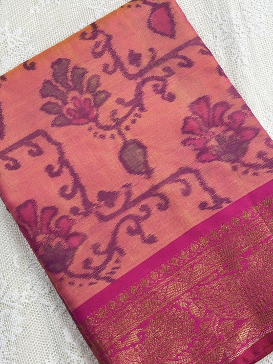 Pink Floral Print - Pochampalli Soft Silk Saree