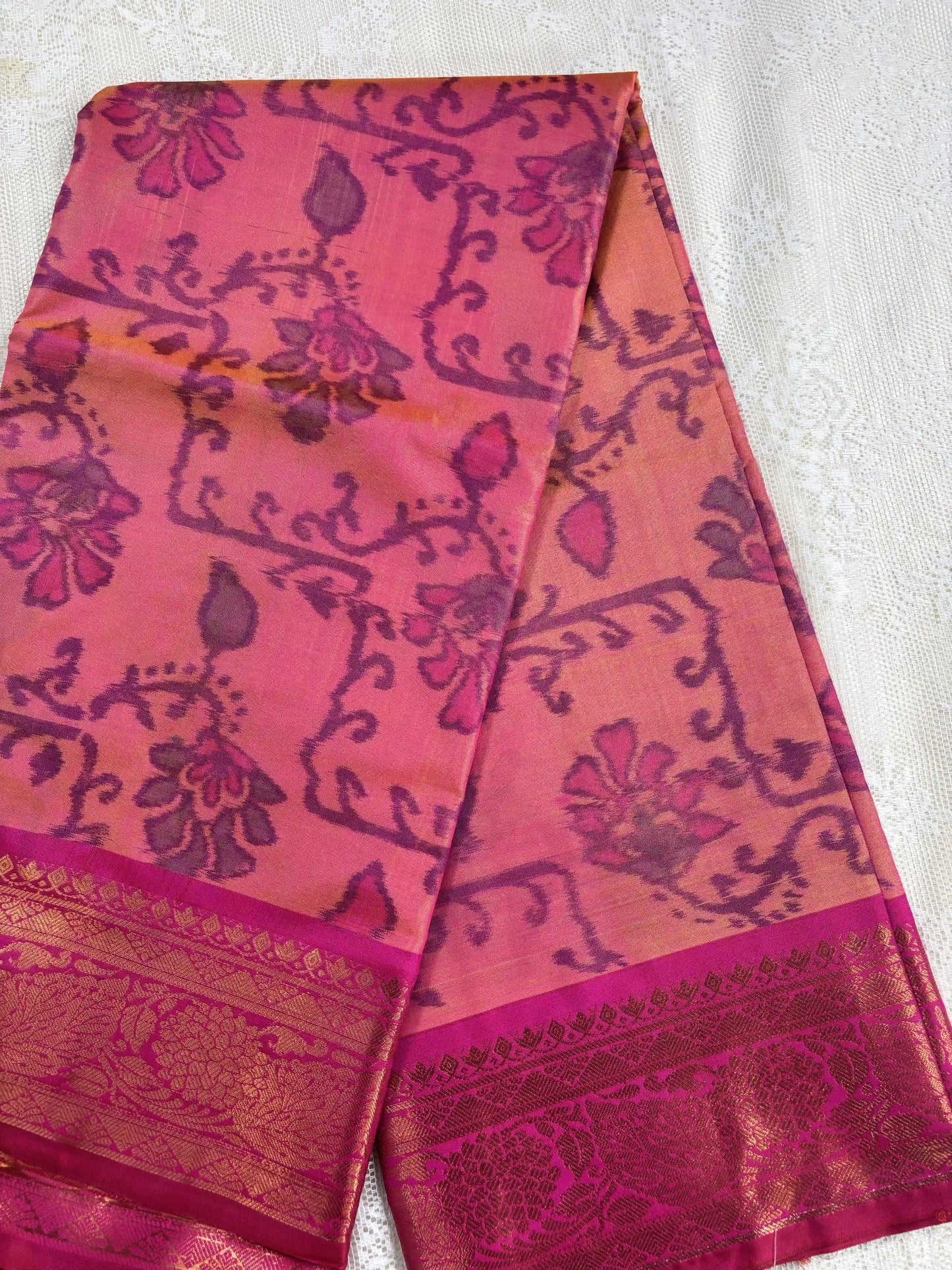 Pink Floral Print - Pochampalli Soft Silk Saree