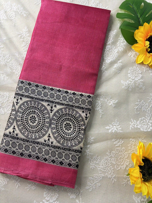 Pink plain body khadi silk saree with warli print border and pallu
