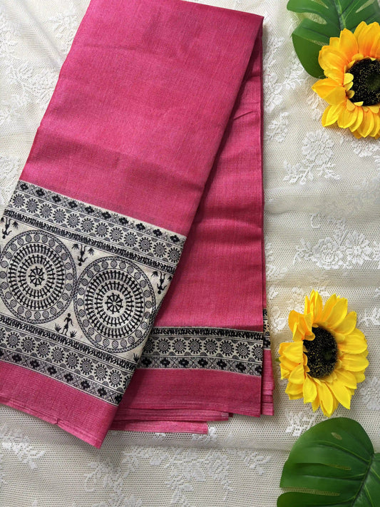 Pink plain body khadi silk saree with warli print border and pallu