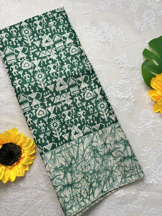 Green Silk Soft Cotton Saree with Warli Print Body and Marble pattern Border and pallu