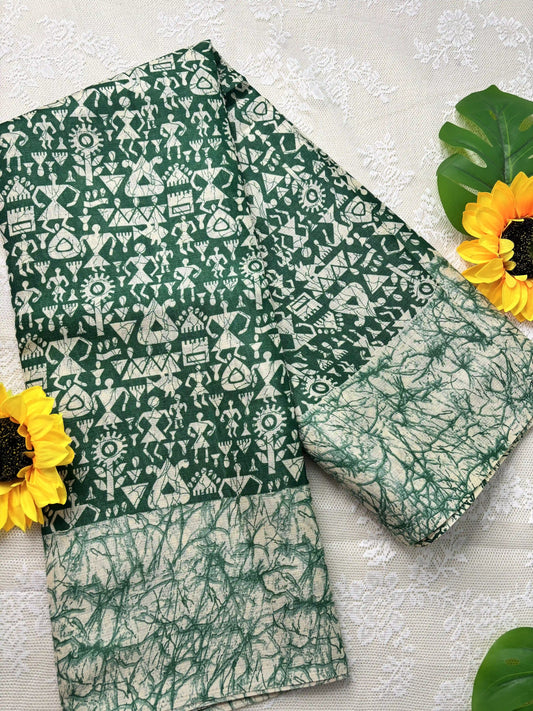 Green Silk Soft Cotton Saree with Warli Print Body and Marble pattern Border and pallu