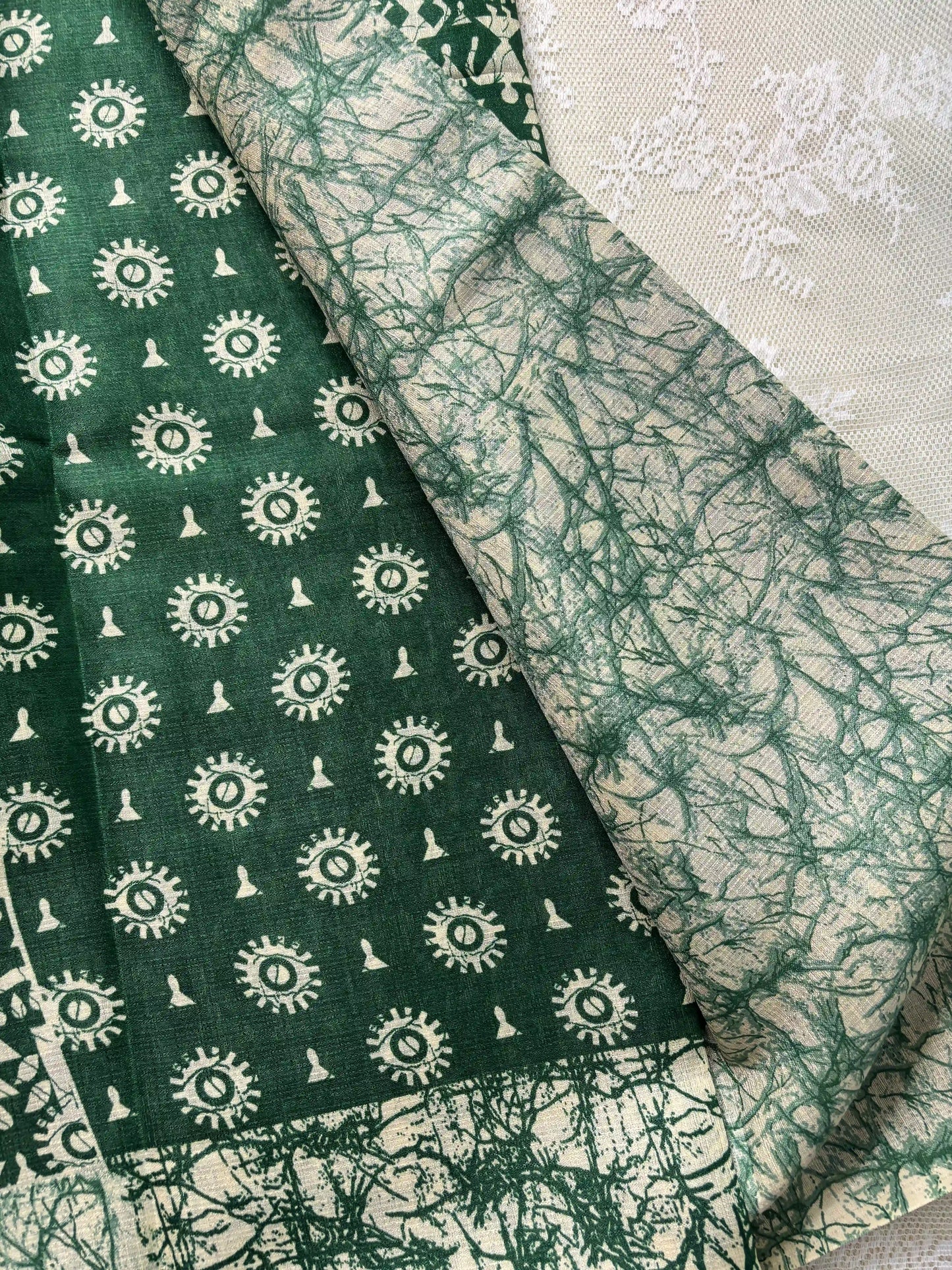 Green Silk Soft Cotton Saree with Warli Print Body and Marble pattern Border and pallu