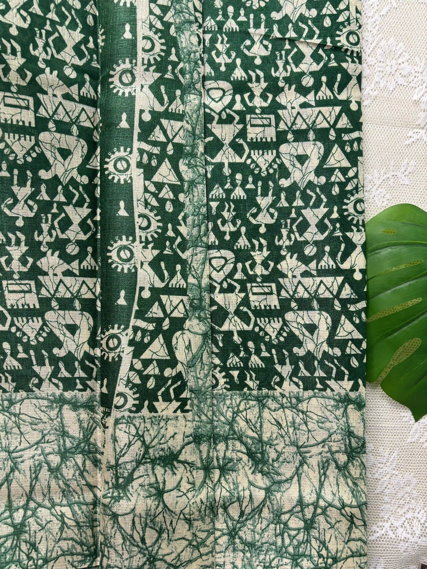 Green Silk Soft Cotton Saree with Warli Print Body and Marble pattern Border and pallu