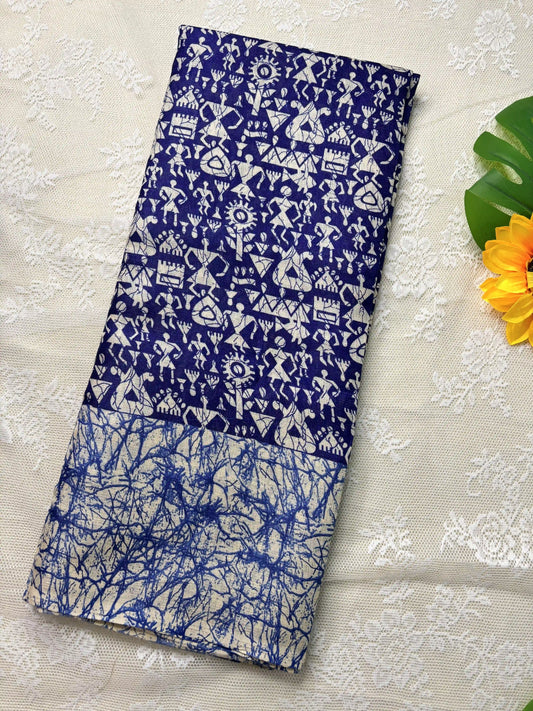 Blue Silk Soft Cotton Saree with Warli Print Body and Marble pattern Border and pallu