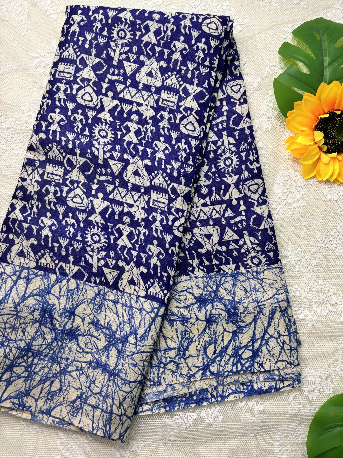 Blue Silk Soft Cotton Saree with Warli Print Body and Marble pattern Border and pallu