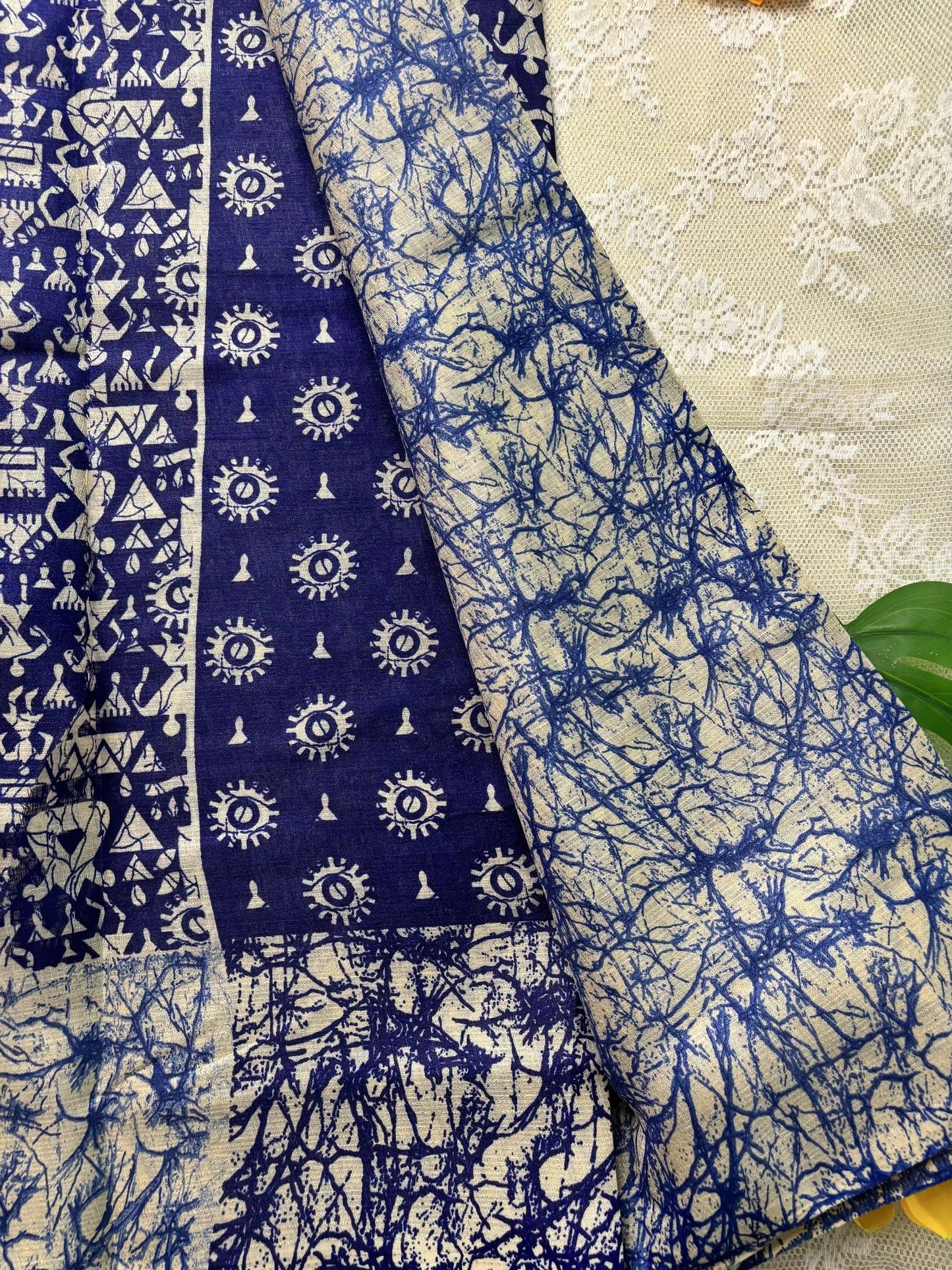 Blue Silk Soft Cotton Saree with Warli Print Body and Marble pattern Border and pallu
