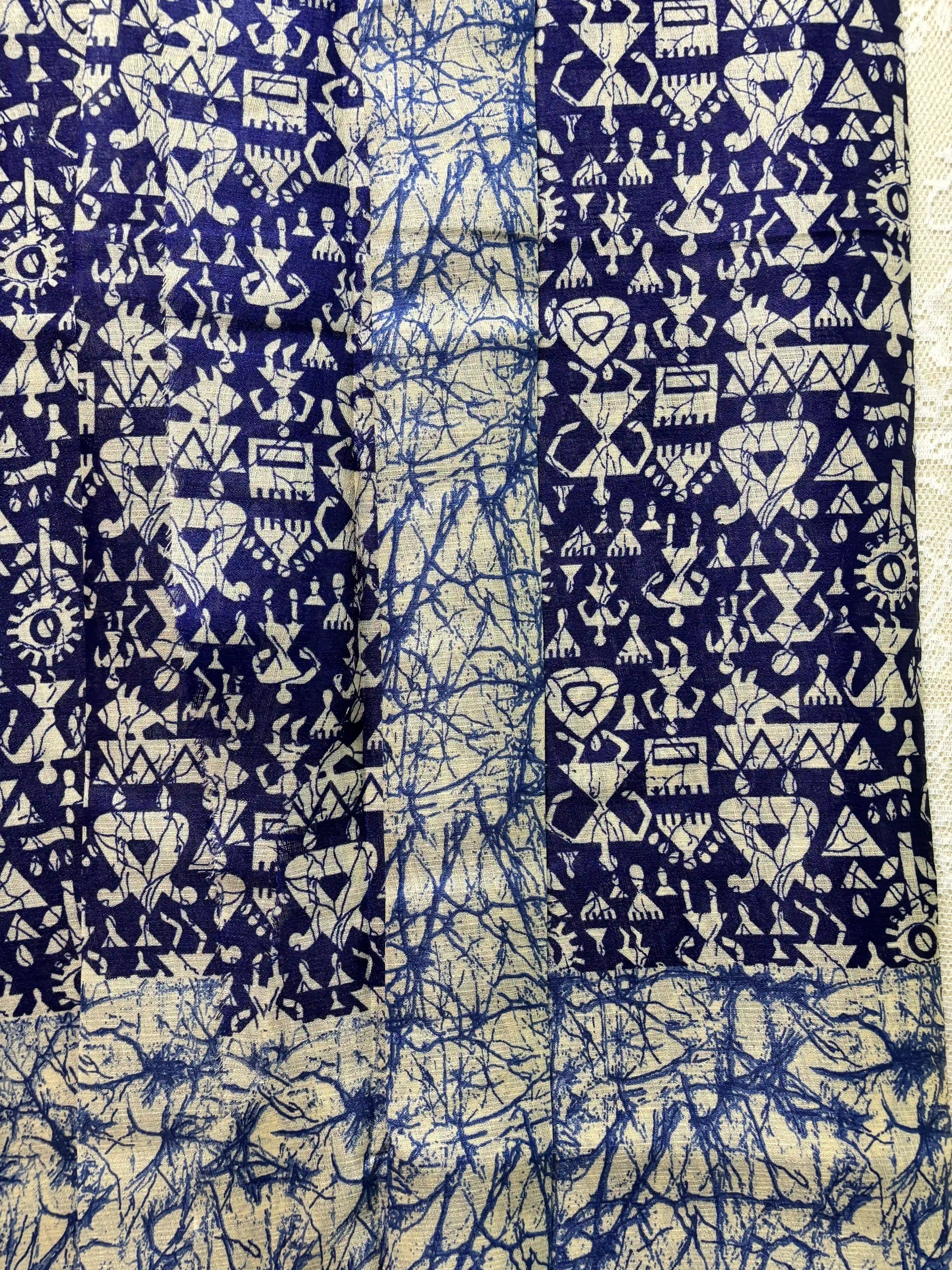 Blue Silk Soft Cotton Saree with Warli Print Body and Marble pattern Border and pallu