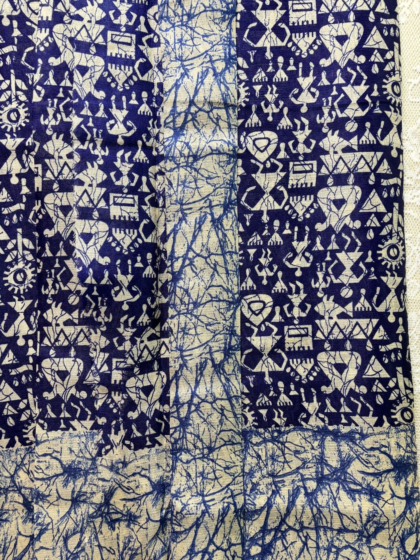 Blue Silk Soft Cotton Saree with Warli Print Body and Marble pattern Border and pallu