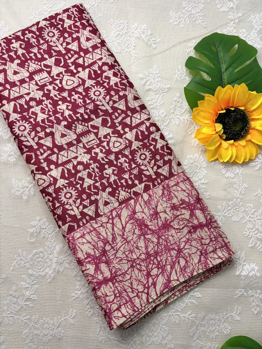 Red Silk Soft Cotton Saree with Warli Print Body and Marble pattern Border and pallu