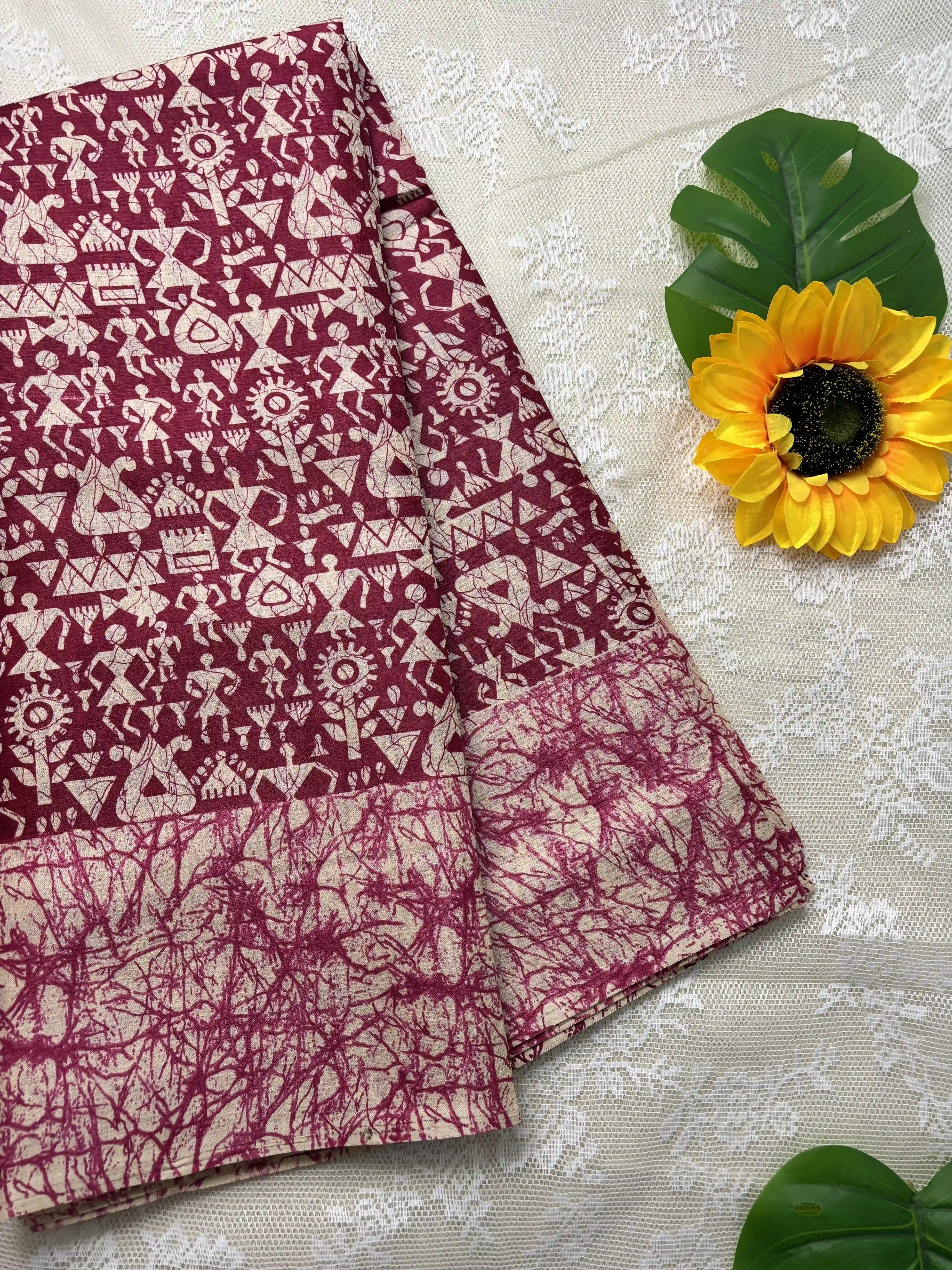 Red Silk Soft Cotton Saree with Warli Print Body and Marble pattern Border and pallu