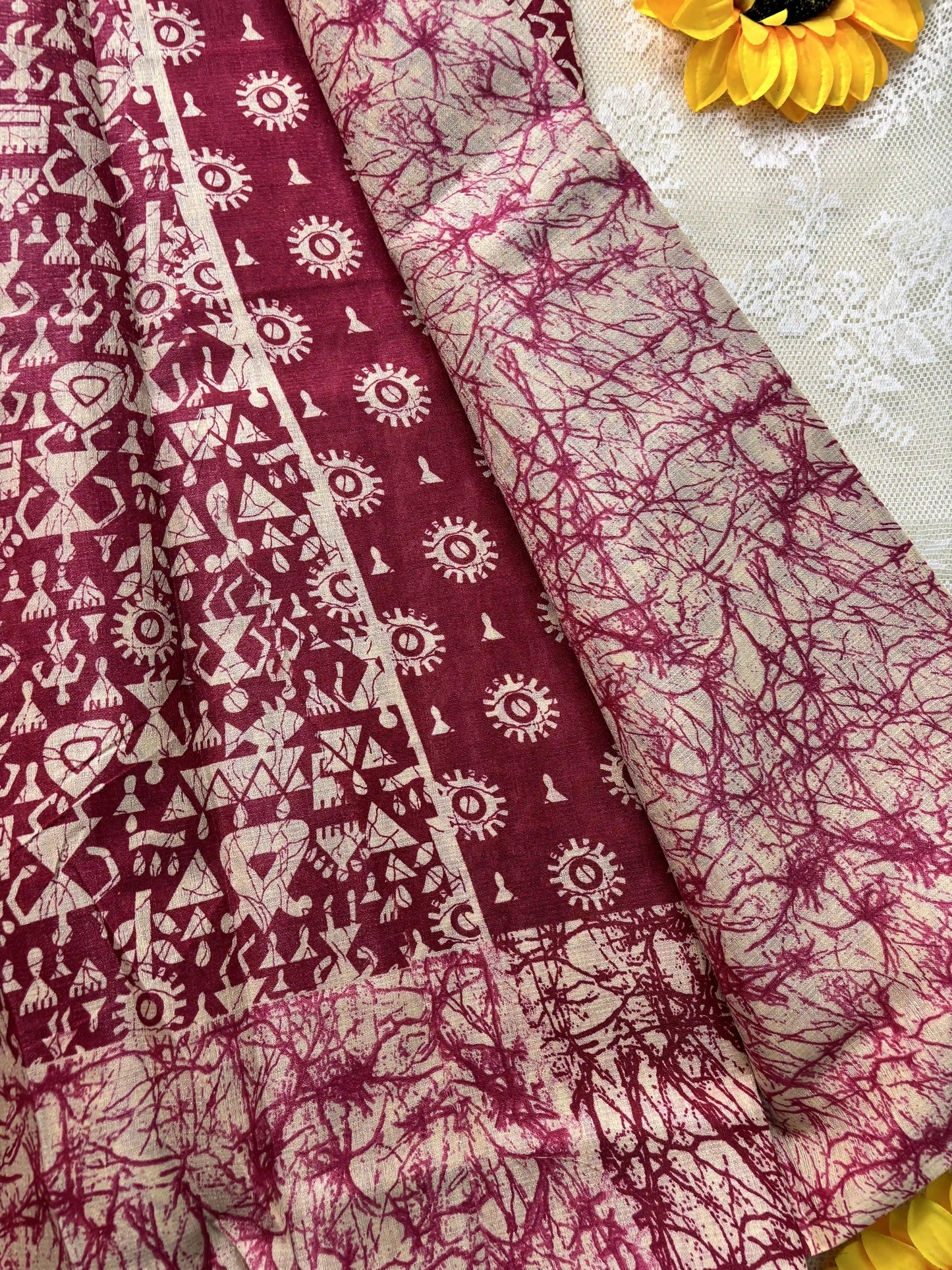 Red Silk Soft Cotton Saree with Warli Print Body and Marble pattern Border and pallu
