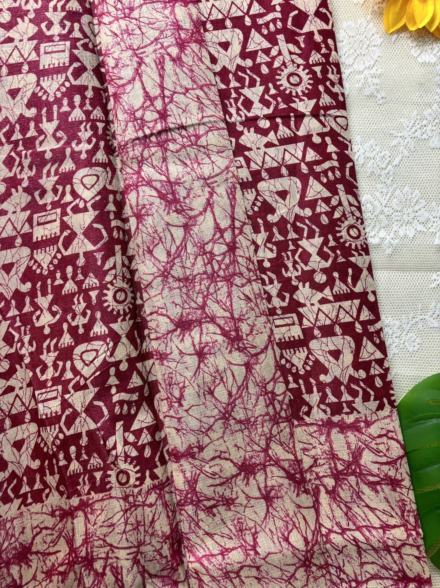Red Silk Soft Cotton Saree with Warli Print Body and Marble pattern Border and pallu