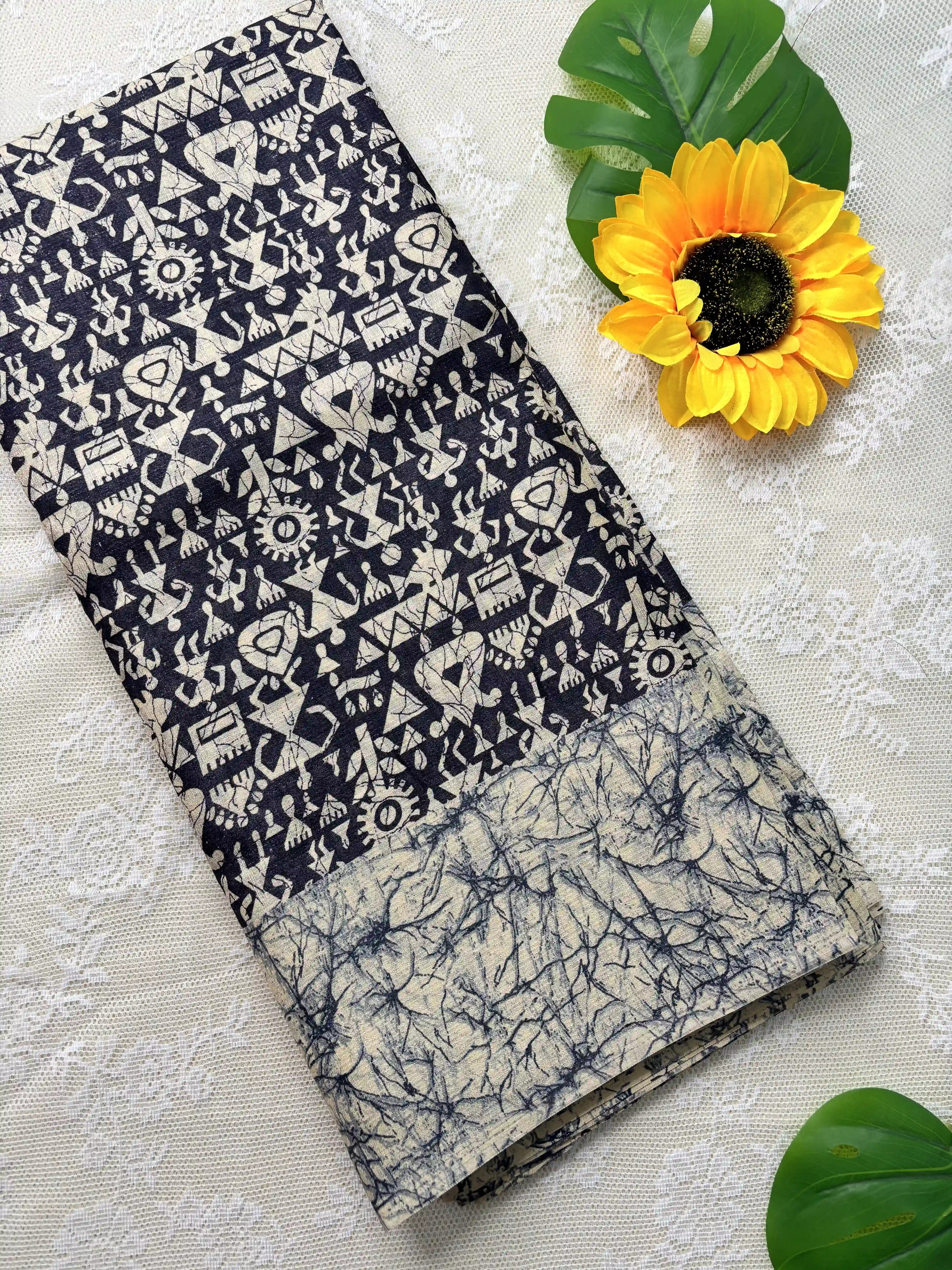 Black Silk Soft Cotton Saree with Warli Print Body and Marble pattern Border and pallu