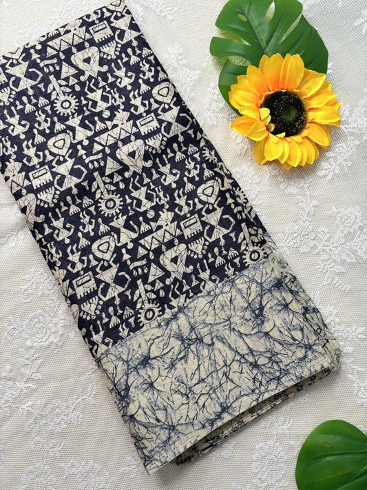 Black Silk Soft Cotton Saree with Warli Print Body and Marble pattern Border and pallu
