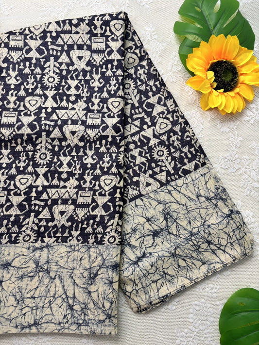 Black Silk Soft Cotton Saree with Warli Print Body and Marble pattern Border and pallu