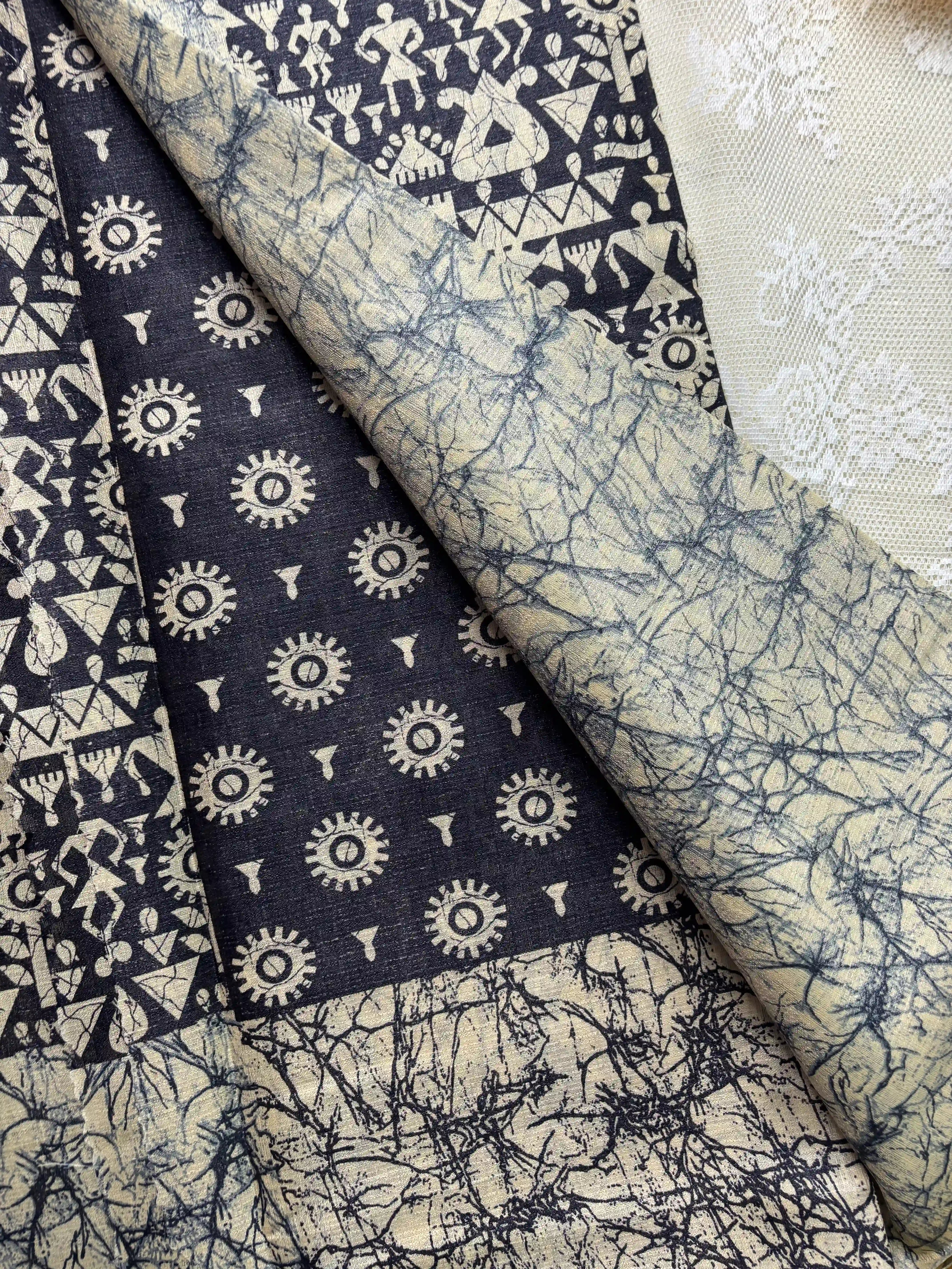 Black Silk Soft Cotton Saree with Warli Print Body and Marble pattern Border and pallu