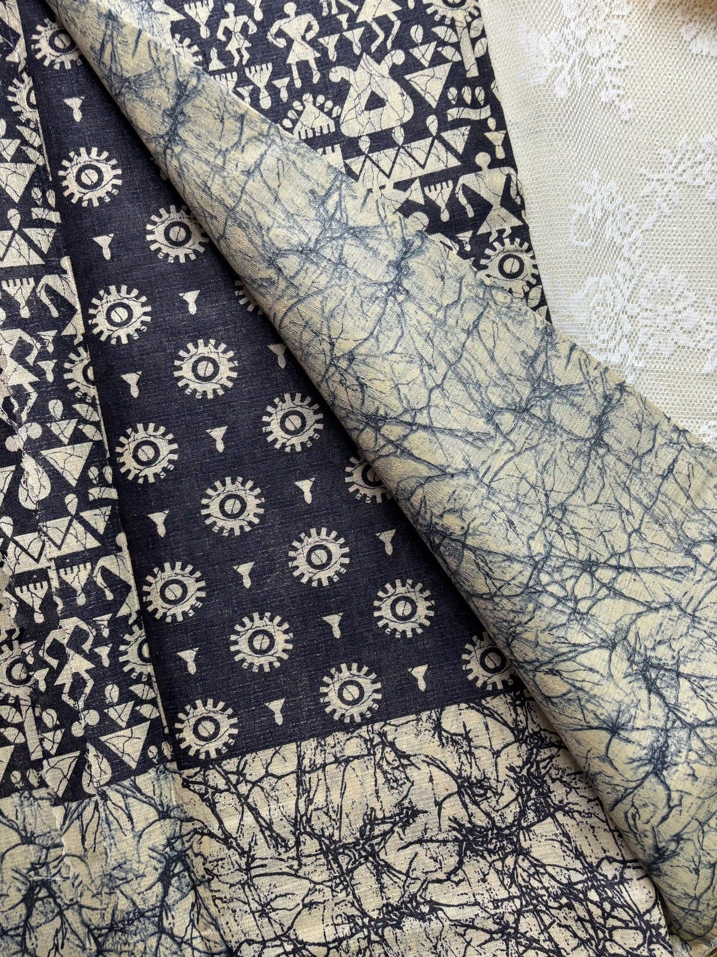Black Silk Soft Cotton Saree with Warli Print Body and Marble pattern Border and pallu