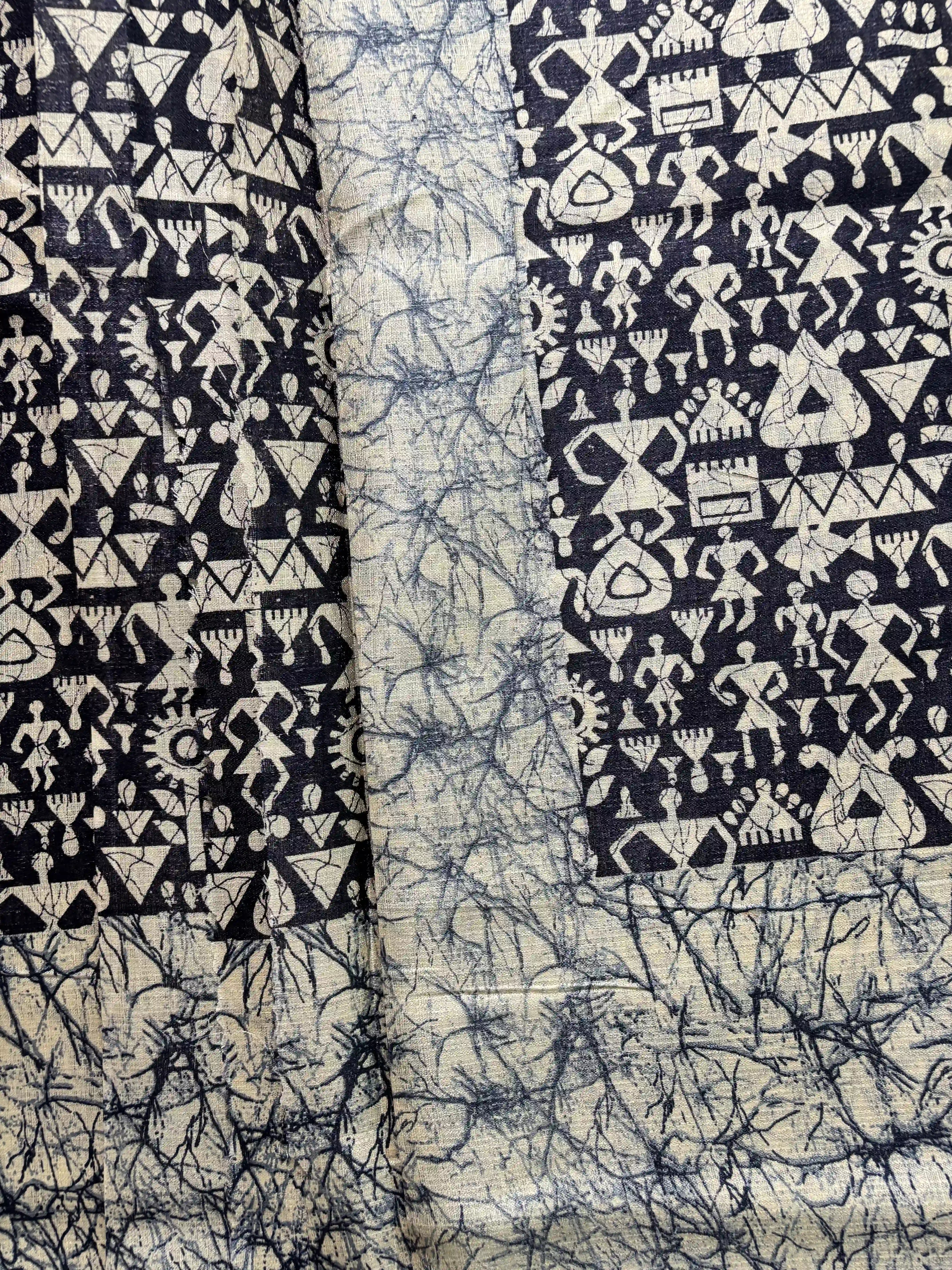 Black Silk Soft Cotton Saree with Warli Print Body and Marble pattern Border and pallu