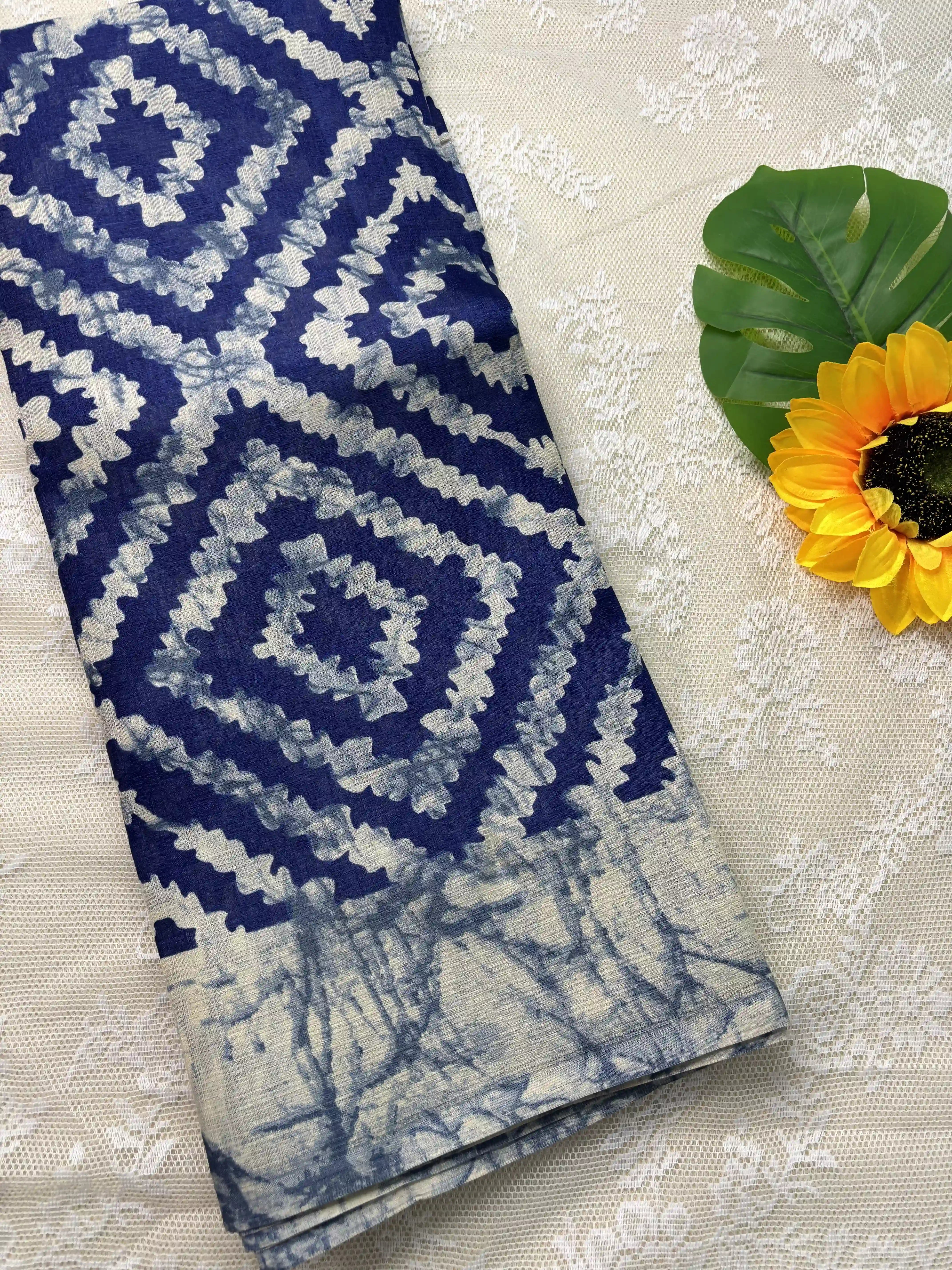 Blue Silk Soft Cotton Saree with Concentric diamond pattern print Body and Marble pattern Border and pallu