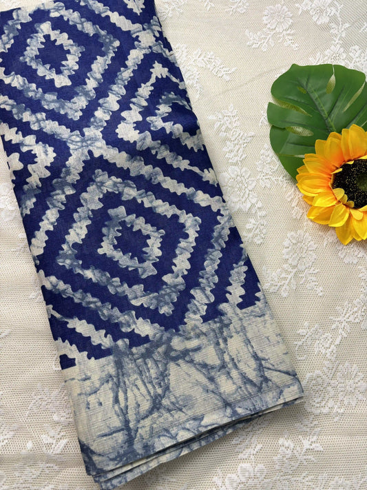 Blue Silk Soft Cotton Saree with Concentric diamond pattern print Body and Marble pattern Border and pallu