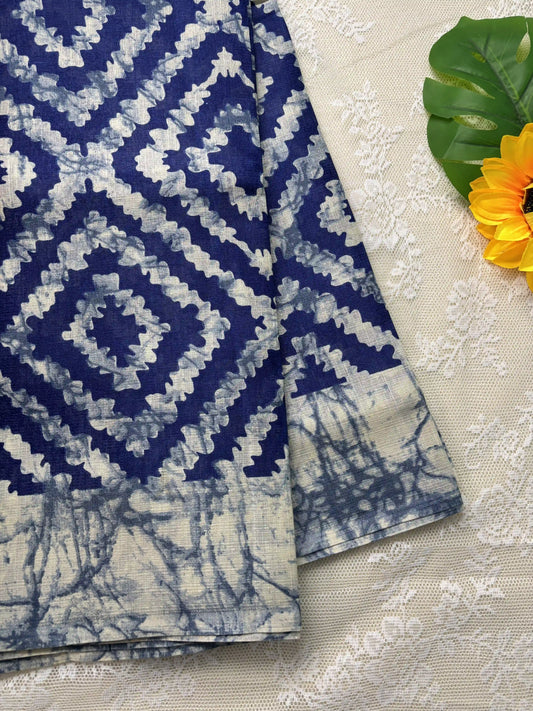 Blue Silk Soft Cotton Saree with Concentric diamond pattern print Body and Marble pattern Border and pallu