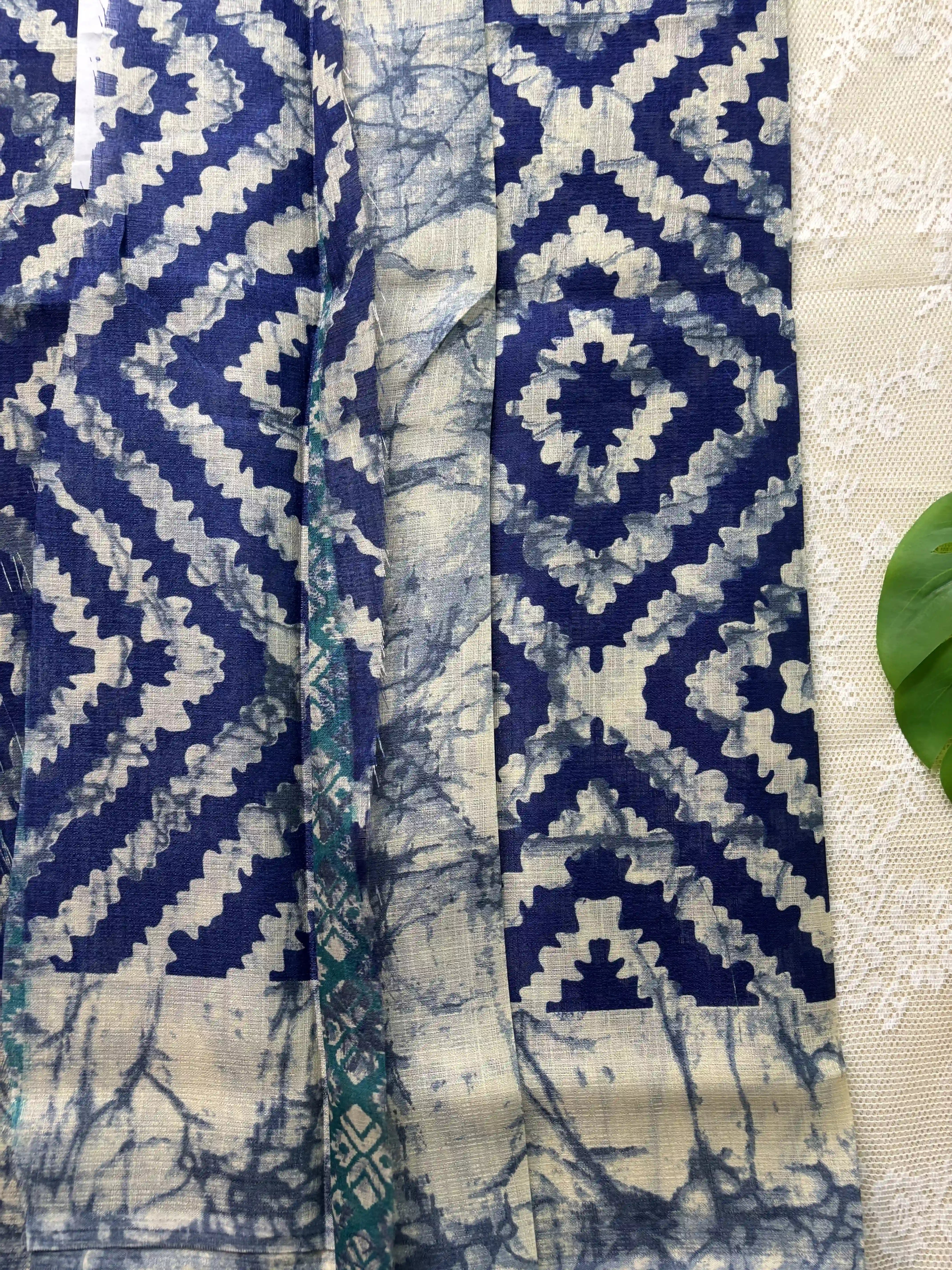 Blue Silk Soft Cotton Saree with Concentric diamond pattern print Body and Marble pattern Border and pallu