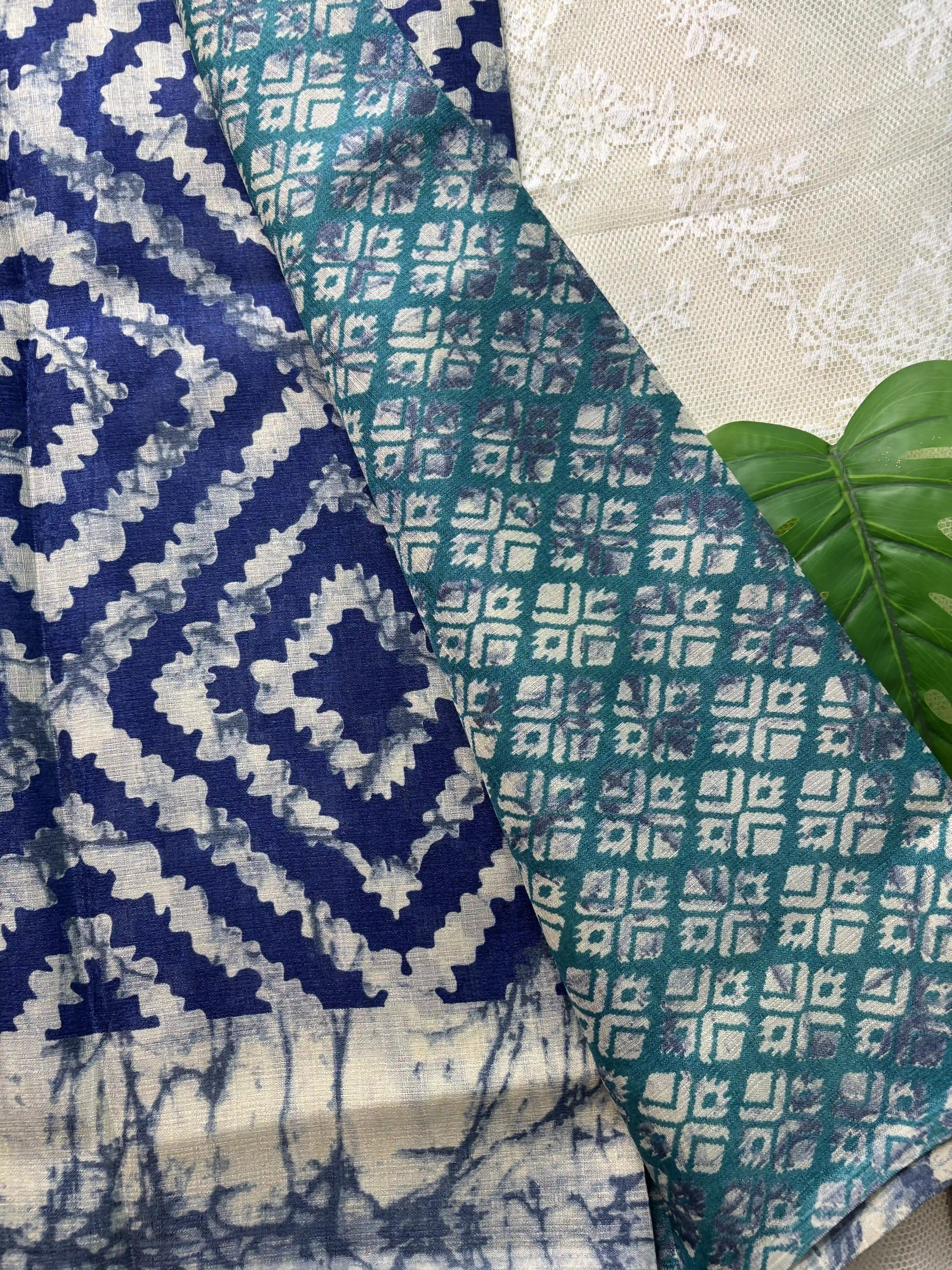 Blue Silk Soft Cotton Saree with Concentric diamond pattern print Body and Marble pattern Border and pallu