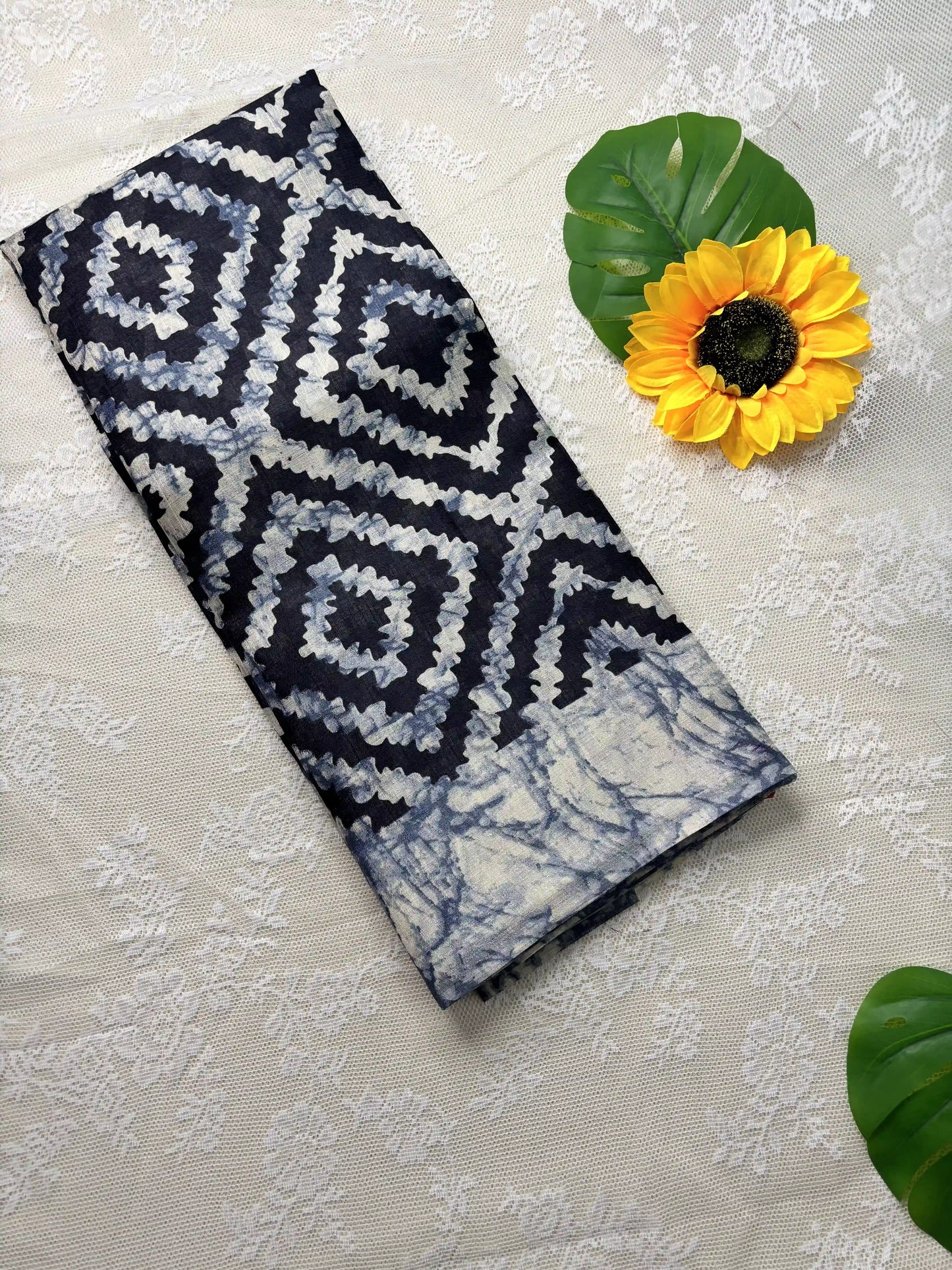 Black Silk Soft Cotton Saree with Concentric diamond pattern print Body and Marble pattern Border and pallu