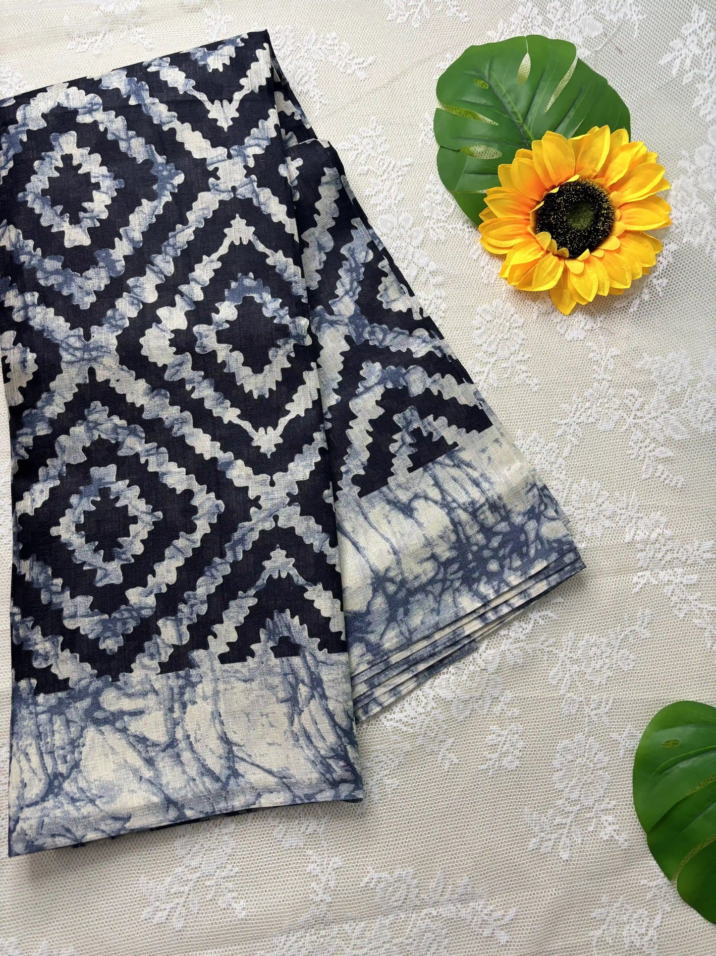 Black Silk Soft Cotton Saree with Concentric diamond pattern print Body and Marble pattern Border and pallu