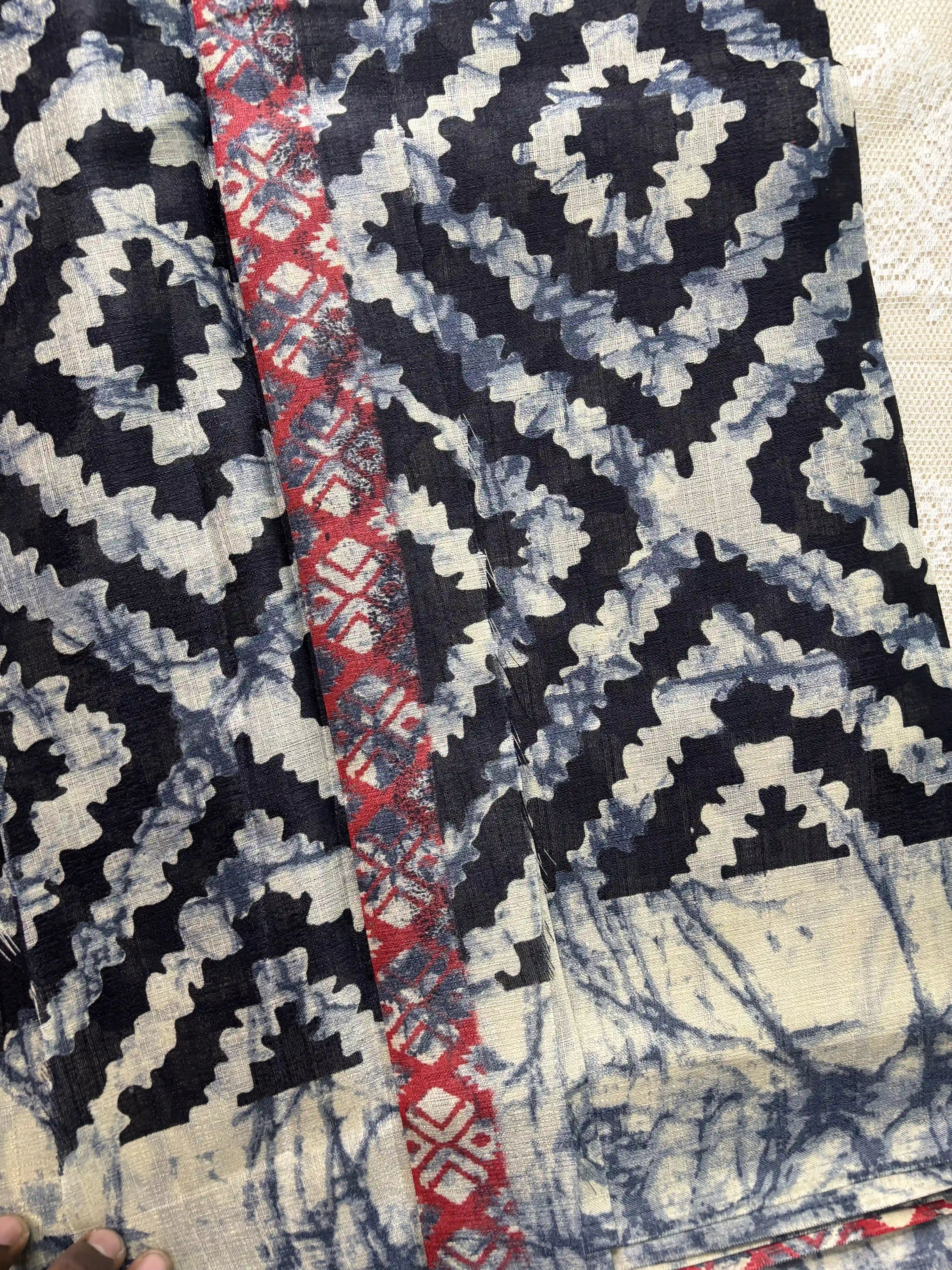 Black Silk Soft Cotton Saree with Concentric diamond pattern print Body and Marble pattern Border and pallu