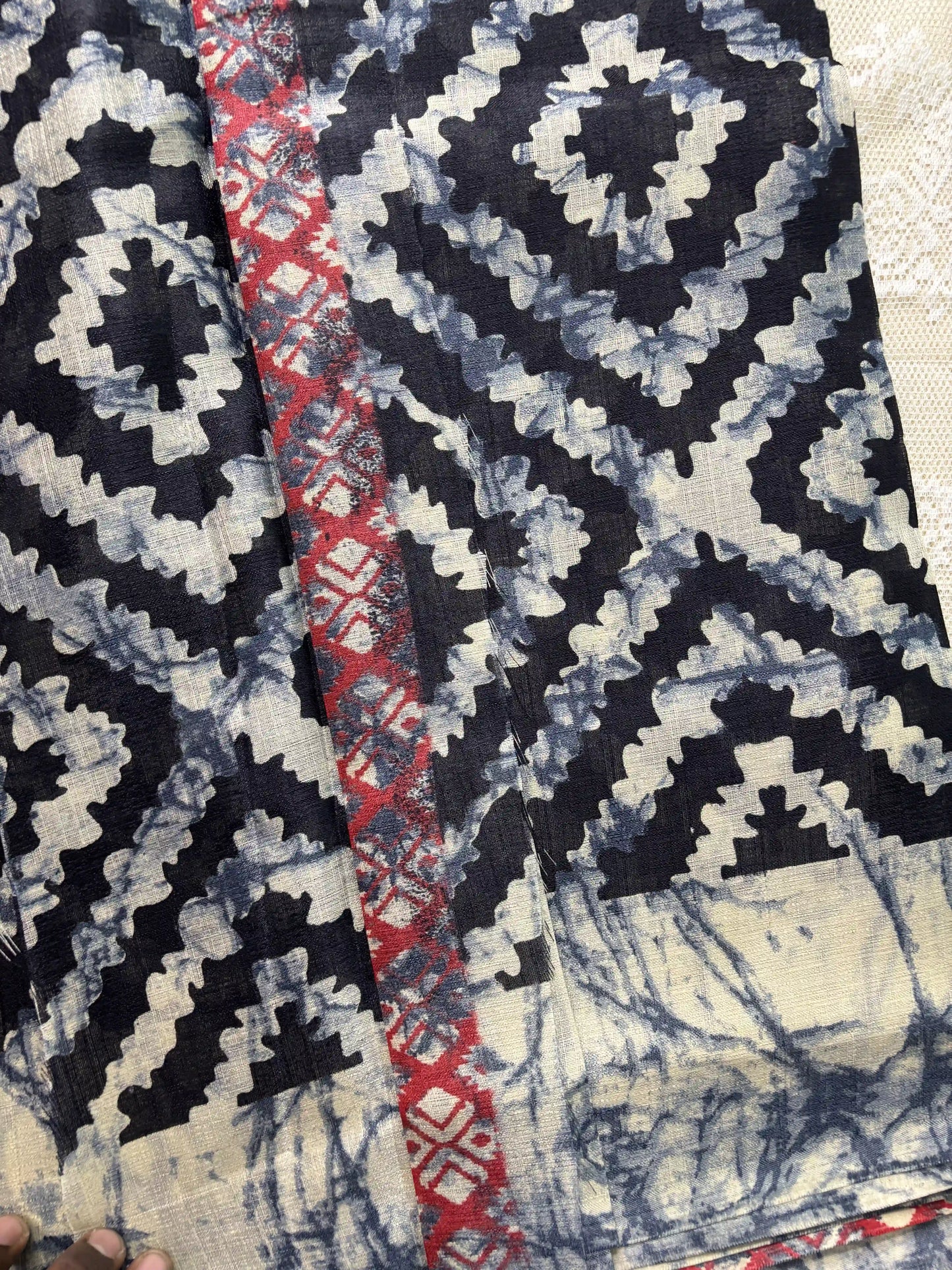 Black Silk Soft Cotton Saree with Concentric diamond pattern print Body and Marble pattern Border and pallu