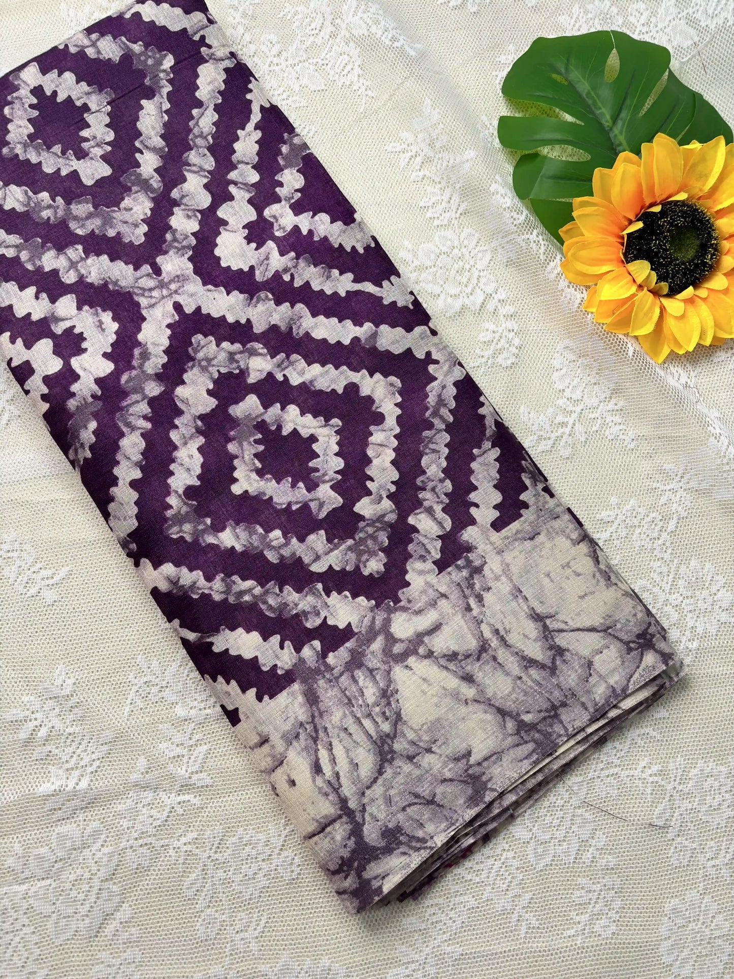 Purple Silk Soft Cotton Saree with Concentric diamond pattern print Body and Marble pattern Border and pallu