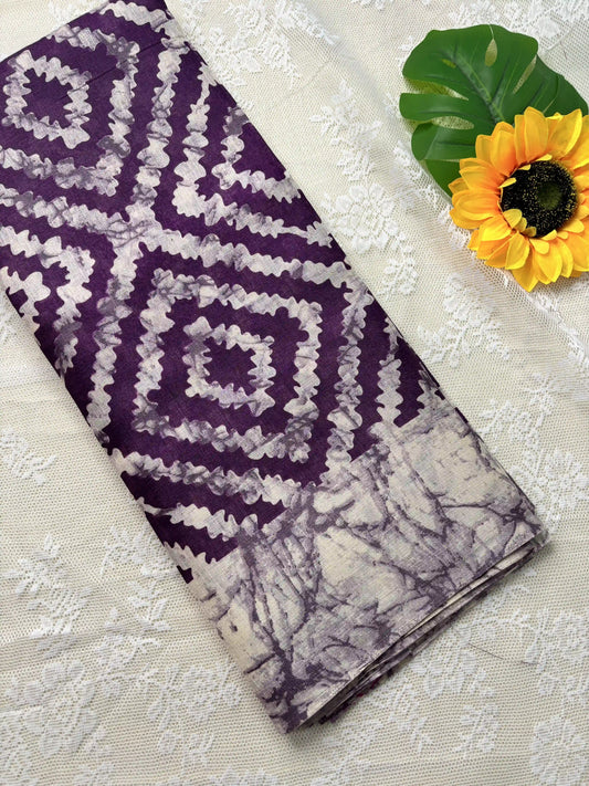 Purple Silk Soft Cotton Saree with Concentric diamond pattern print Body and Marble pattern Border and pallu