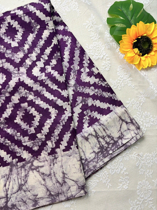 Purple Silk Soft Cotton Saree with Concentric diamond pattern print Body and Marble pattern Border and pallu