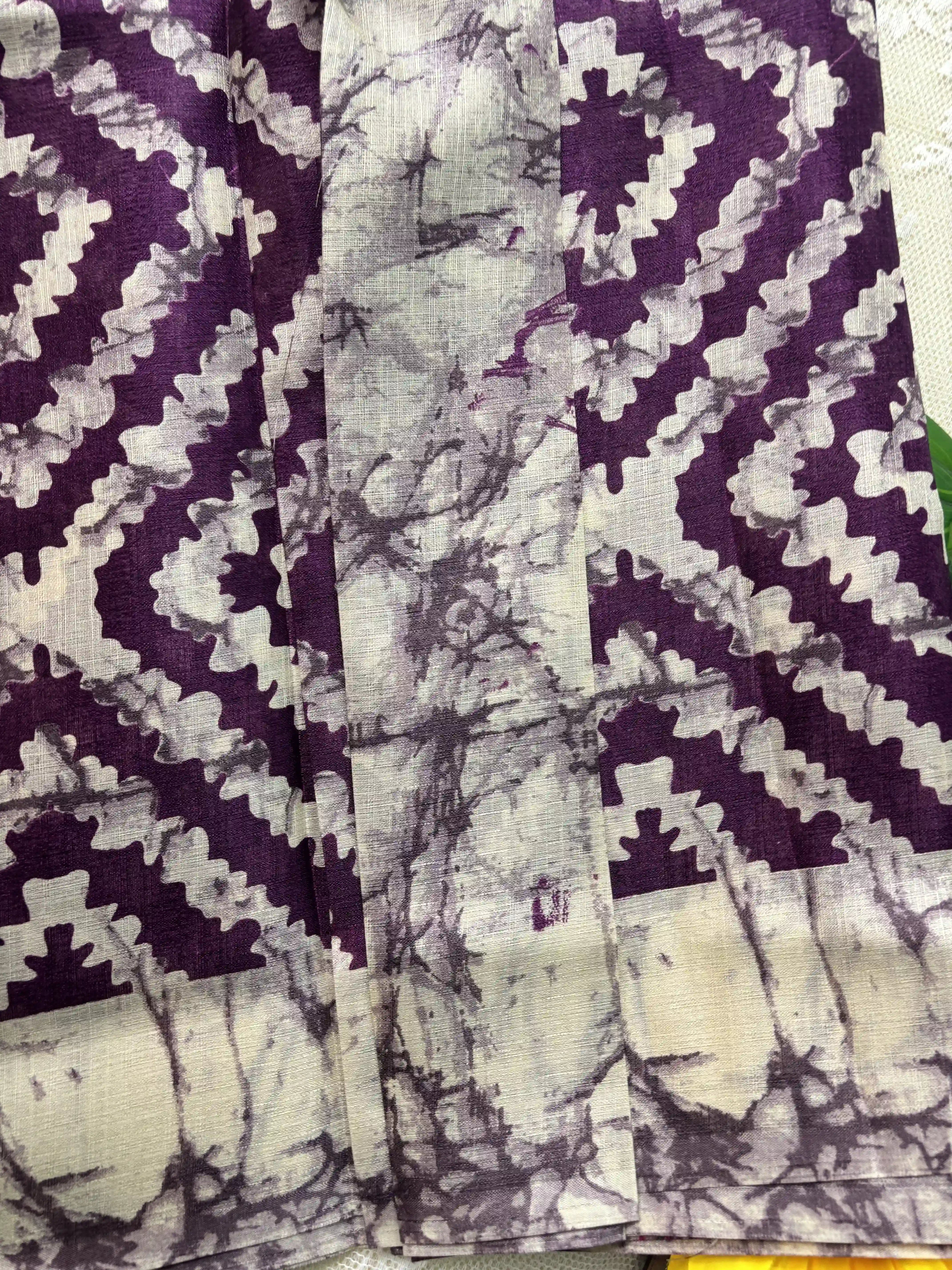 Purple Silk Soft Cotton Saree with Concentric diamond pattern print Body and Marble pattern Border and pallu