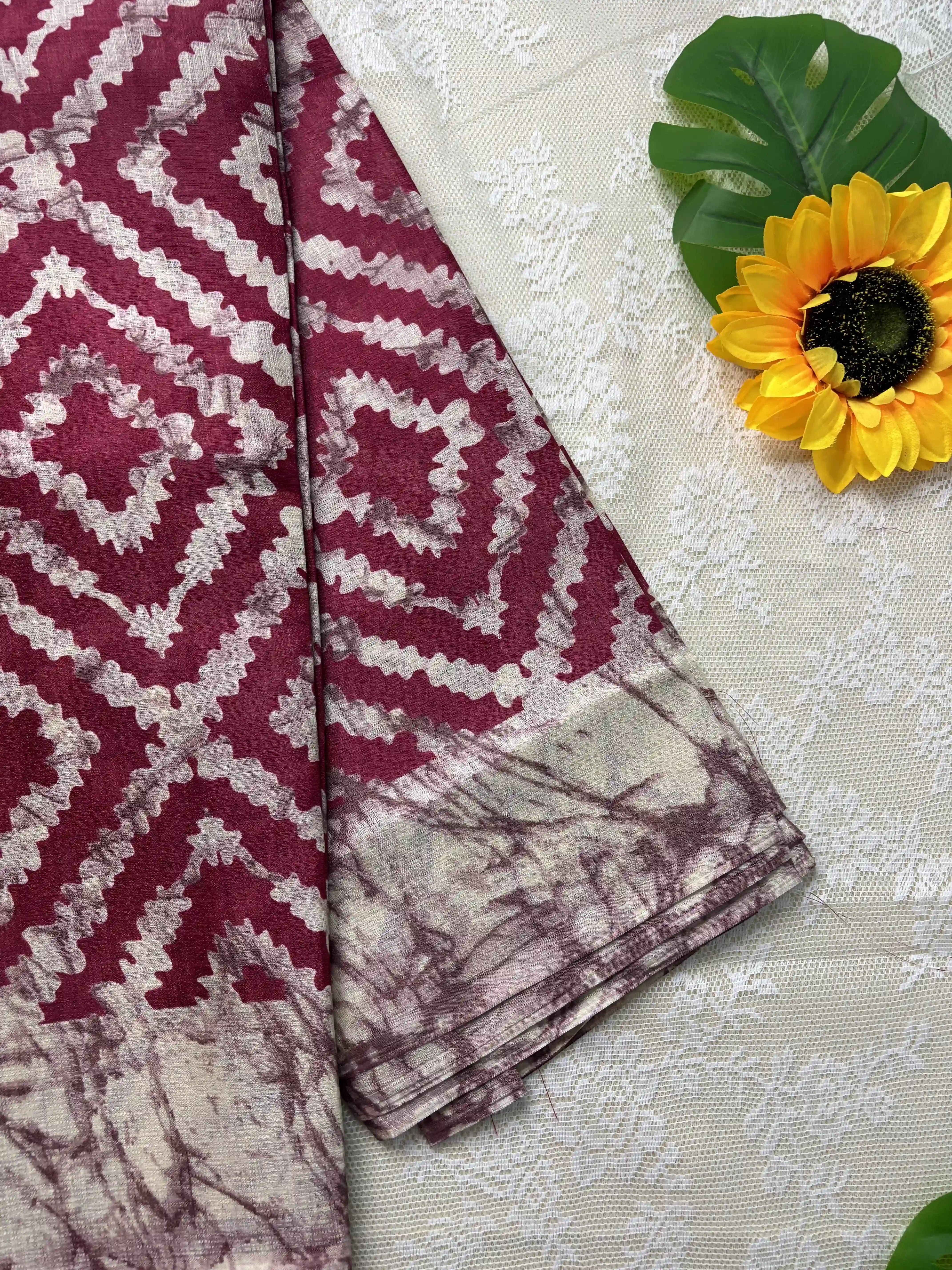 Pink Silk Soft Cotton Saree with Concentric diamond pattern print Body and Marble pattern Border and pallu