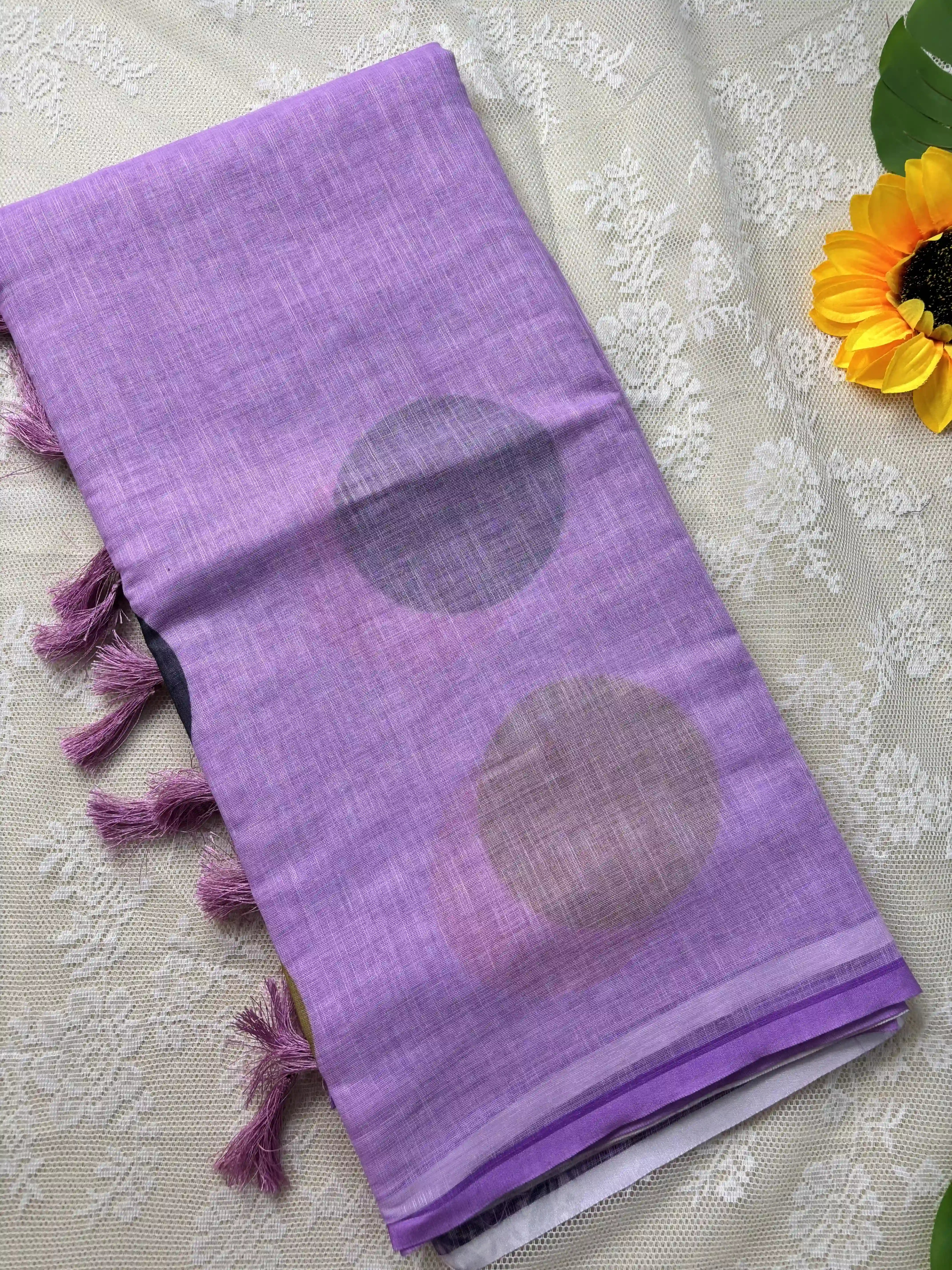 Lavendar Linen Cotton Saree with Multi Color Huge Polka Dot print