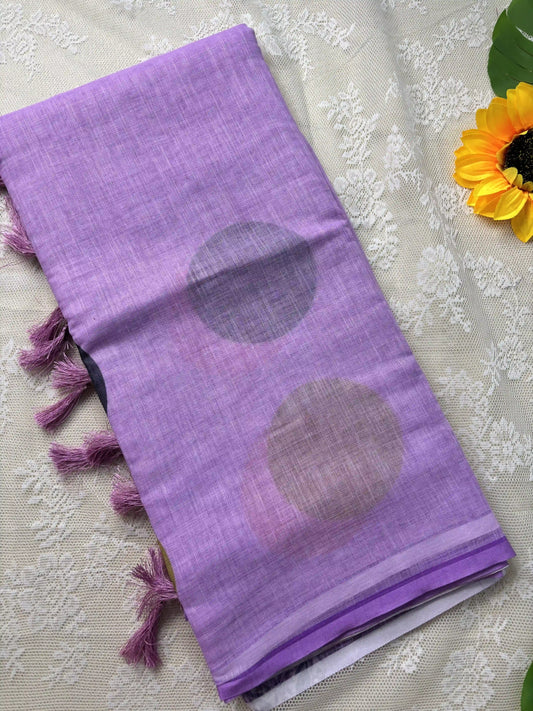 Lavendar Linen Cotton Saree with Multi Color Huge Polka Dot print