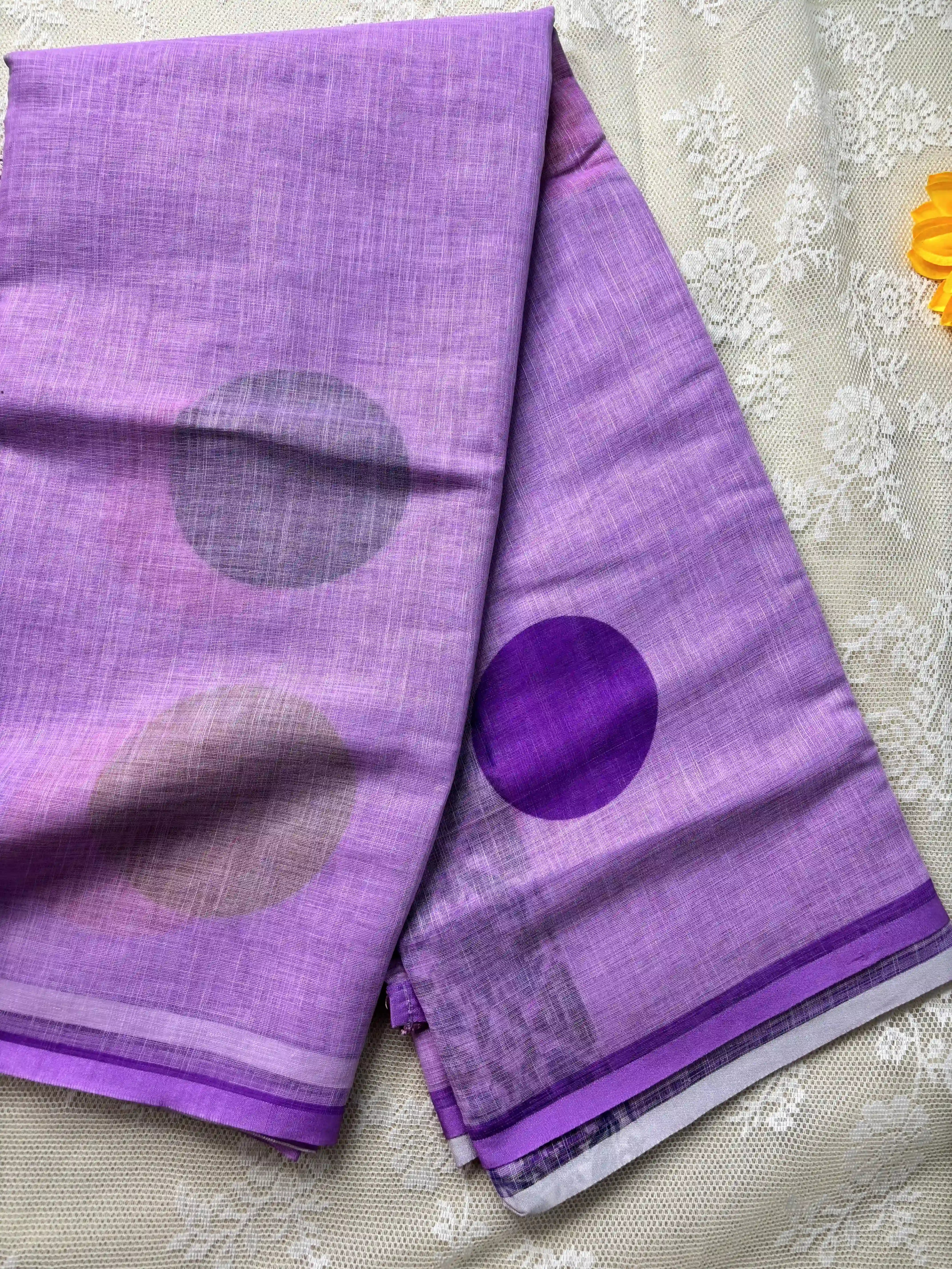 Lavendar Linen Cotton Saree with Multi Color Huge Polka Dot print