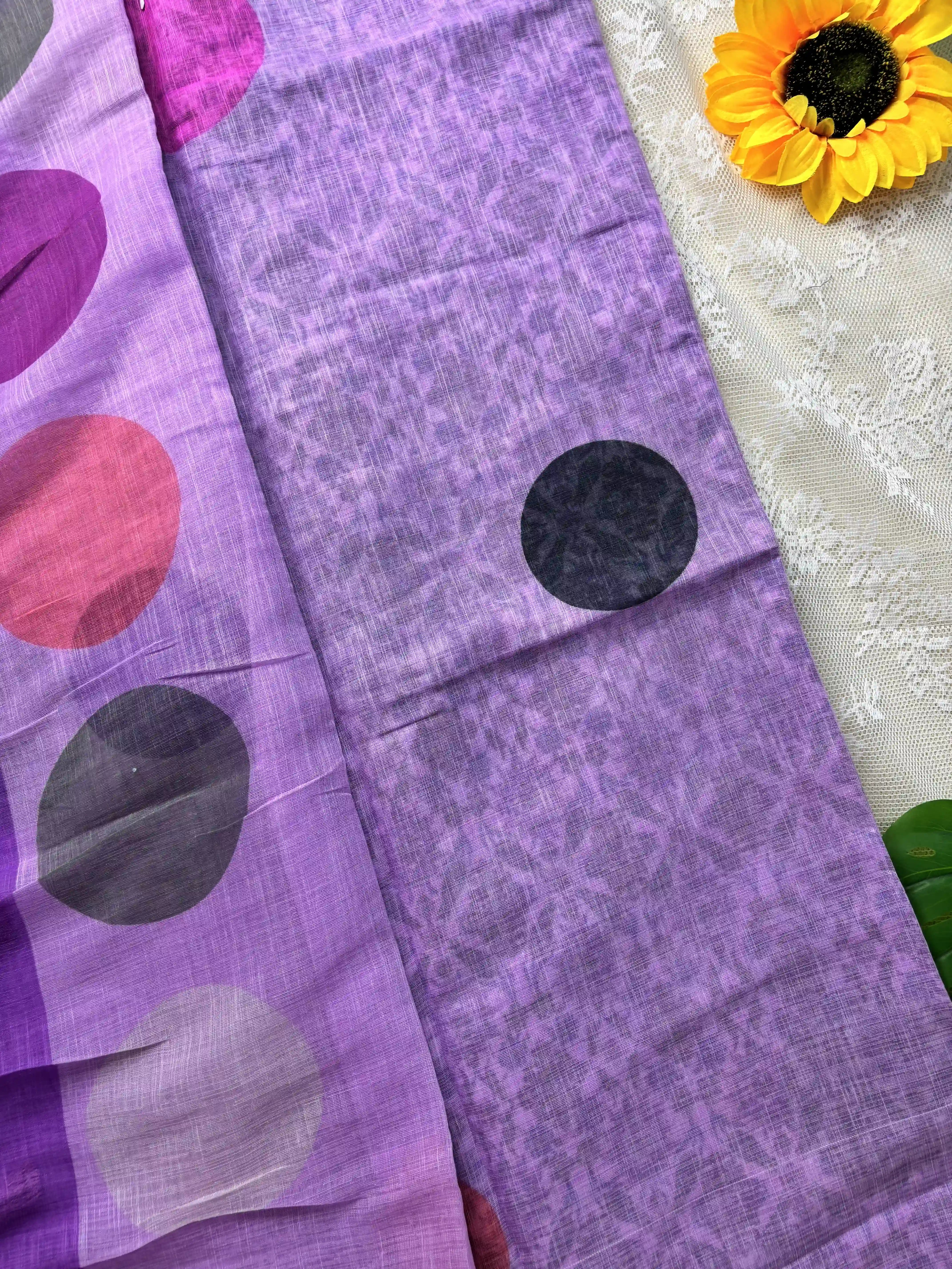 Lavendar Linen Cotton Saree with Multi Color Huge Polka Dot print