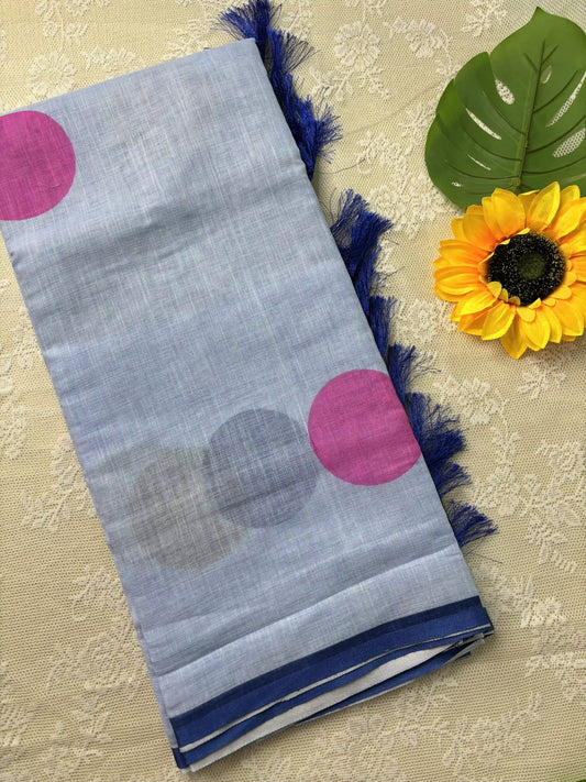 Blue Linen Cotton Saree with Multi Color Huge Polka Dot print