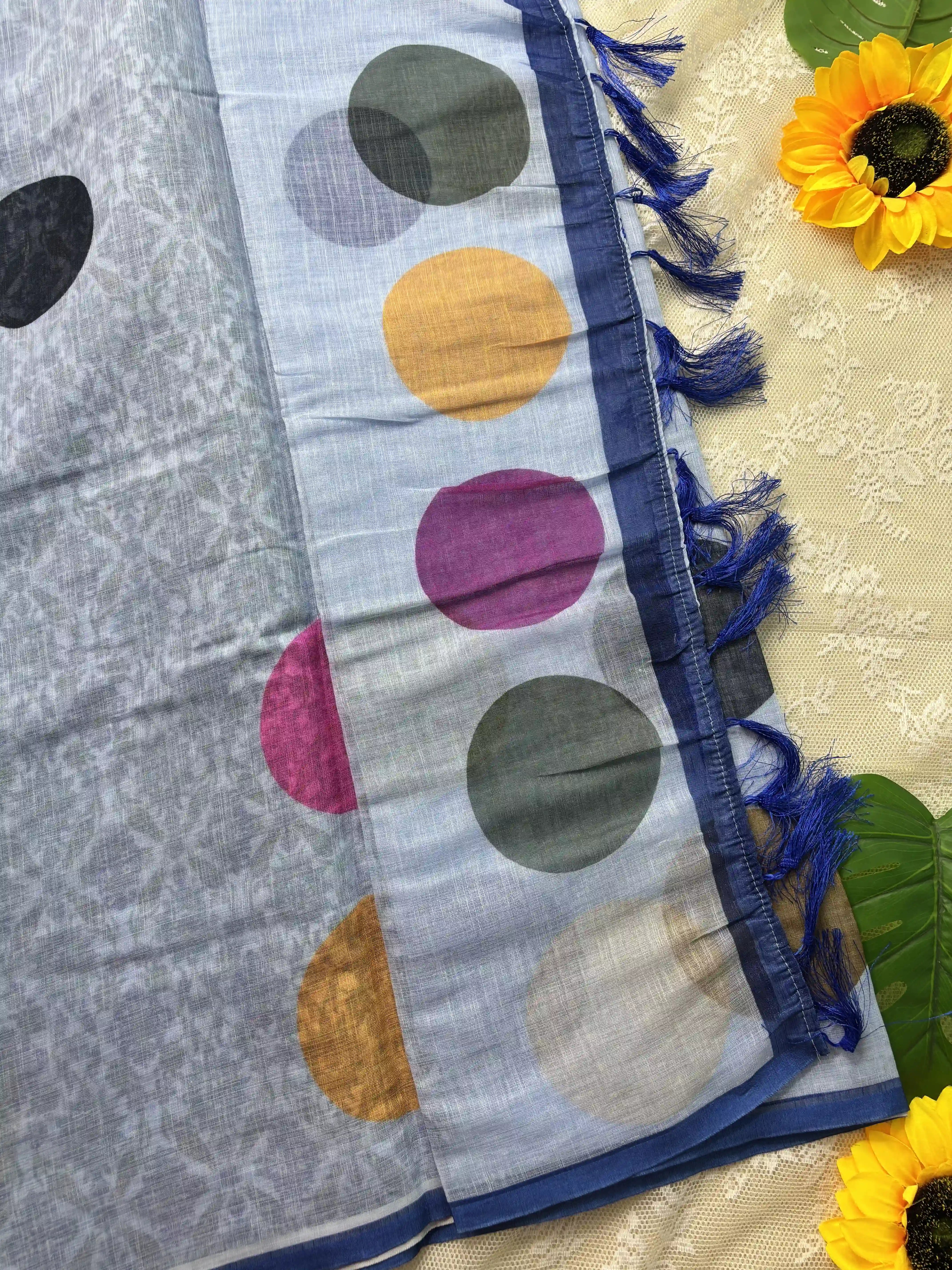 Blue Linen Cotton Saree with Multi Color Huge Polka Dot print