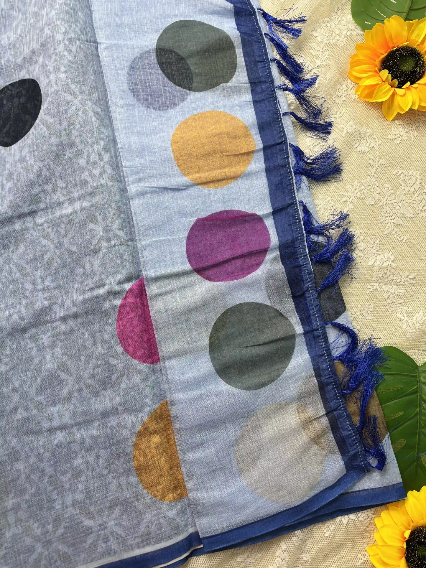 Blue Linen Cotton Saree with Multi Color Huge Polka Dot print