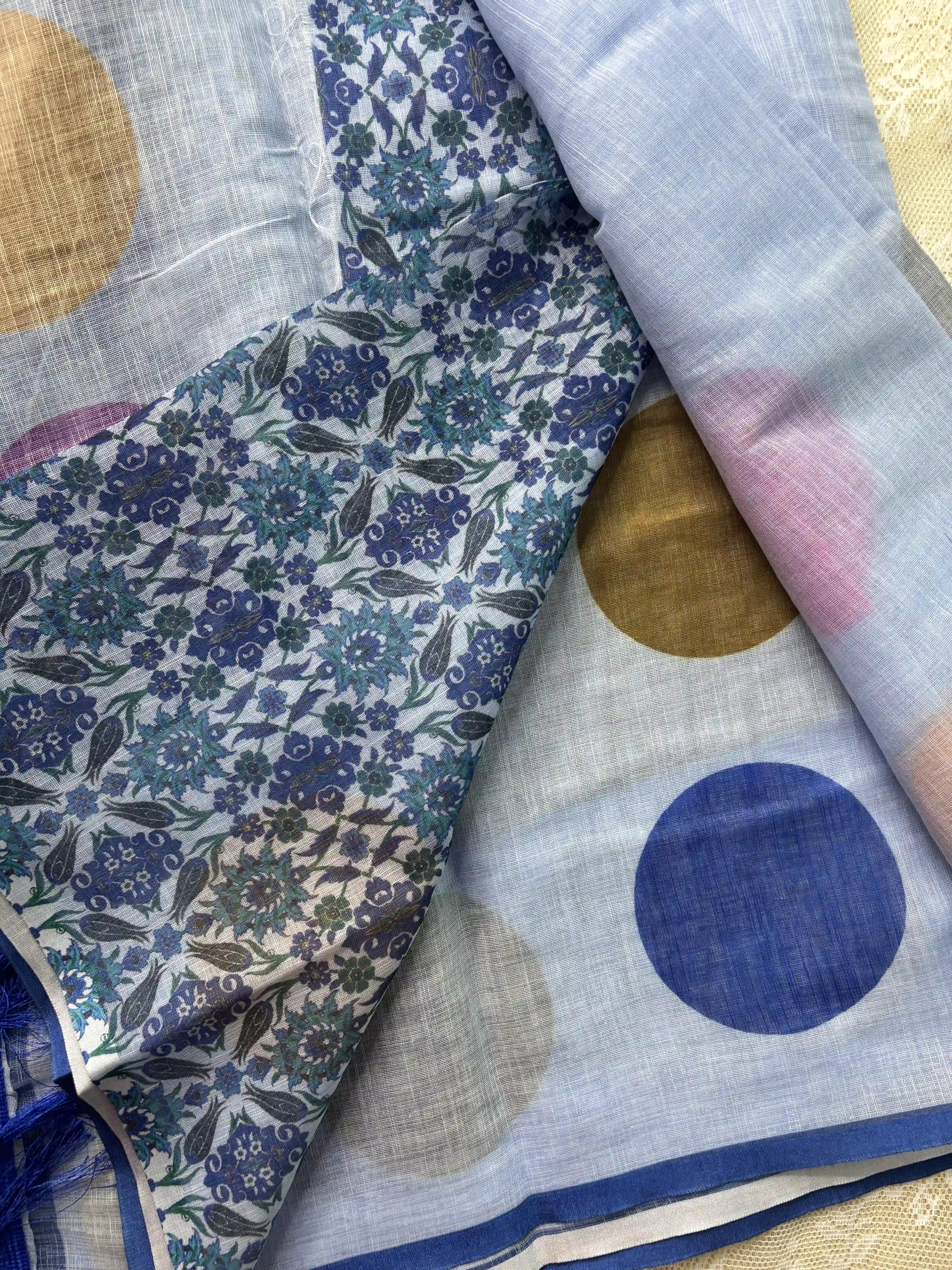 Blue Linen Cotton Saree with Multi Color Huge Polka Dot print