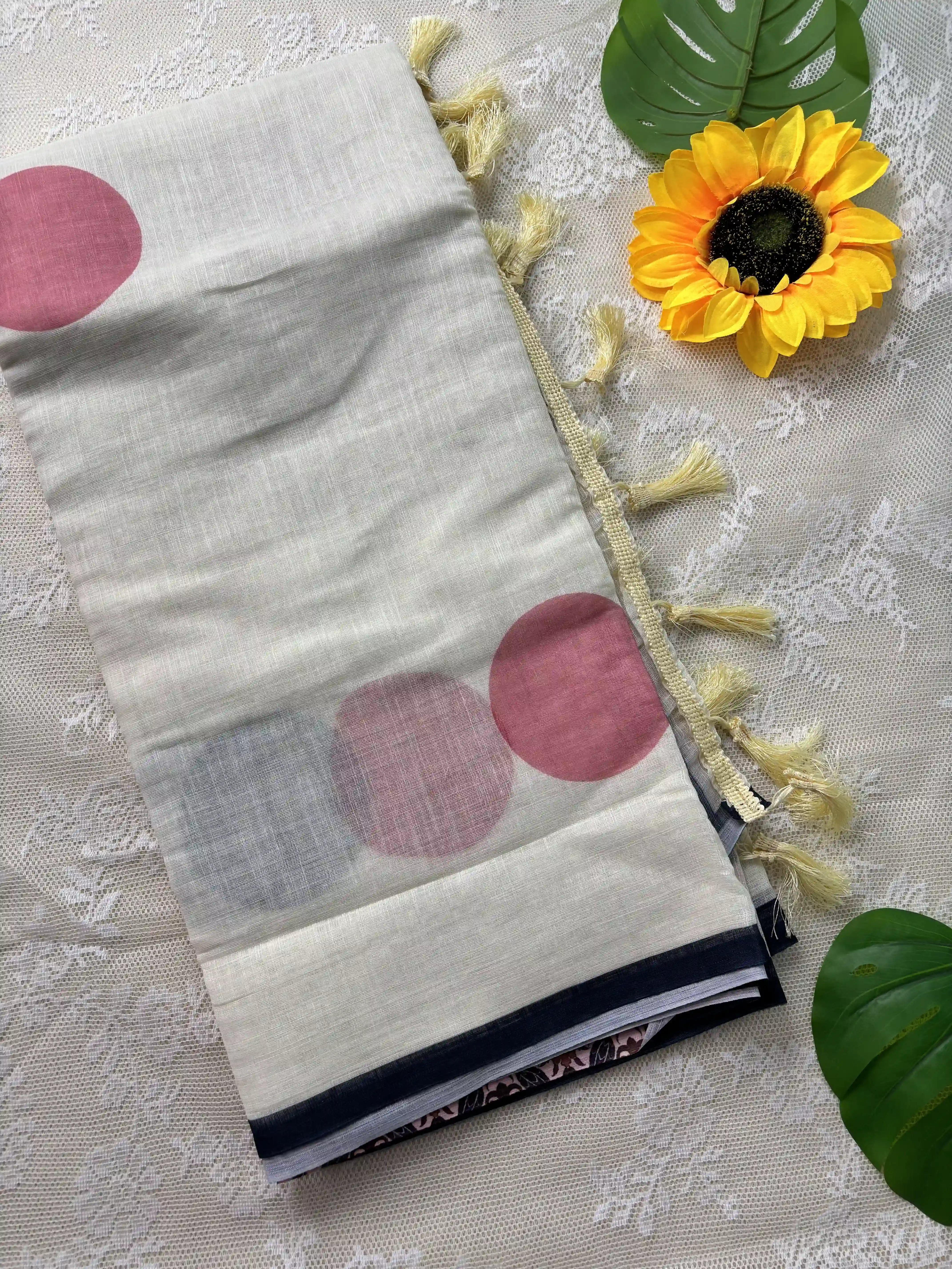 White Linen Cotton Saree with Multi Color Huge Polka Dot print